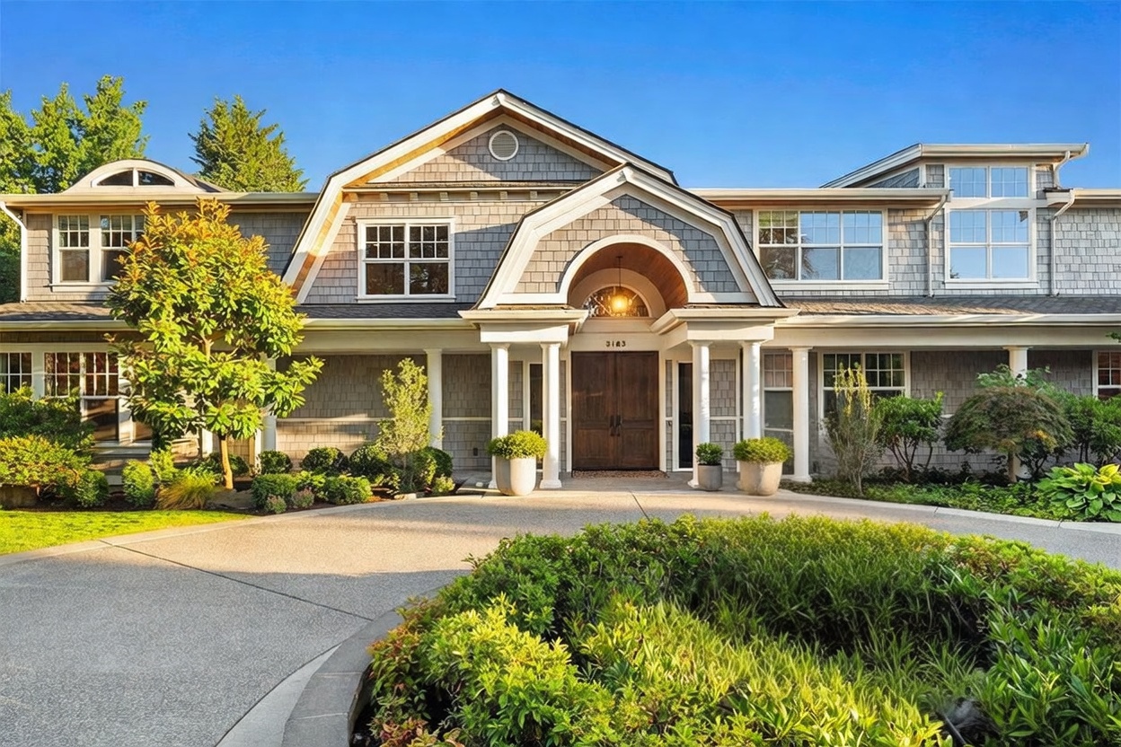 This grand, shingle-style residence features a symmetrical facade with a prominent arched entryway and a circular driveway. A tiered stone fountain serves as a focal point in the foreground, surrounded by lush, manicured landscaping and mature trees. The home's exterior is characterized by gray shingle siding, multiple gables, and large, multi-pane windows that create a welcoming and sophisticated curb appeal.
