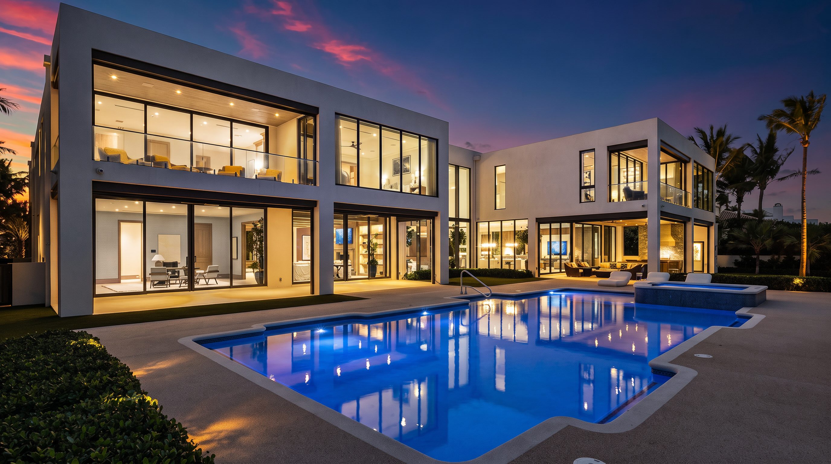 This modern luxury residence features a striking architectural design with expansive glass walls that seamlessly connect the interior living spaces to the outdoor pool area. The two-story structure is characterized by clean lines, a neutral exterior finish, and multiple balconies that overlook a large, illuminated swimming pool and integrated spa. The twilight setting enhances the home's sophisticated aesthetic, highlighting the warm interior lighting against the cool blue tones of the pool and the evening sky.