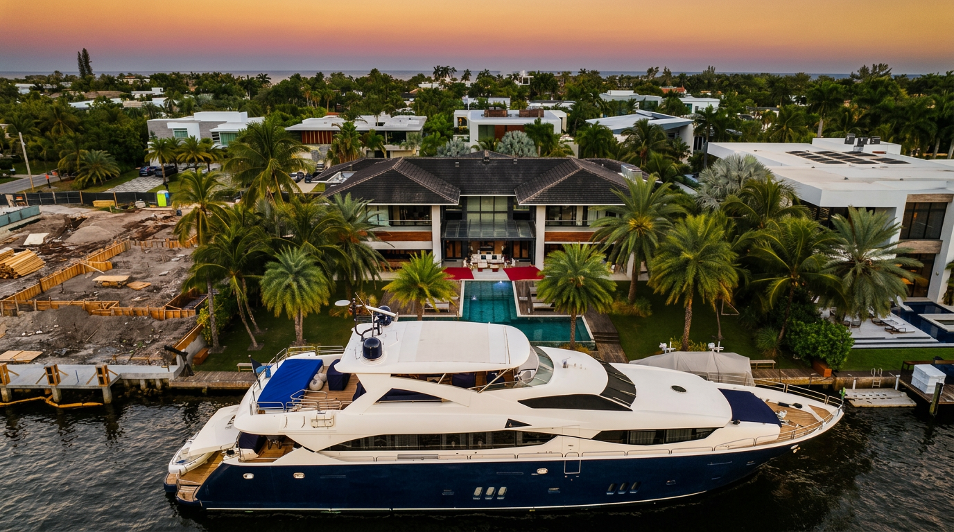 This high-angle aerial shot captures a luxurious waterfront estate at sunset, featuring a large multi-story residence with a dark-tiled roof and a private swimming pool. A substantial yacht is docked directly in front of the property, emphasizing the home's prime location on a canal. The surrounding landscape is lush with palm trees, and the horizon glows with the warm colors of a fading sunset over the distant ocean.