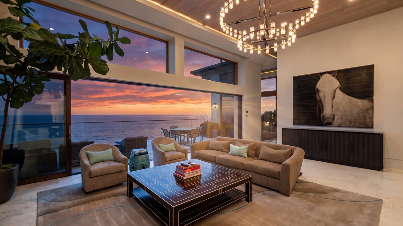 This sophisticated living room features a neutral color palette and a large, square coffee table as its centerpiece, set against a backdrop of expansive glass walls that offer an unobstructed view of the ocean. The space is furnished with a plush sofa and two armchairs, complemented by a large, striking horse portrait on the wall and a modern, circular chandelier hanging from the wood-paneled ceiling. The room exudes a luxurious, serene atmosphere, perfectly blending indoor comfort with the dramatic coastal scenery.