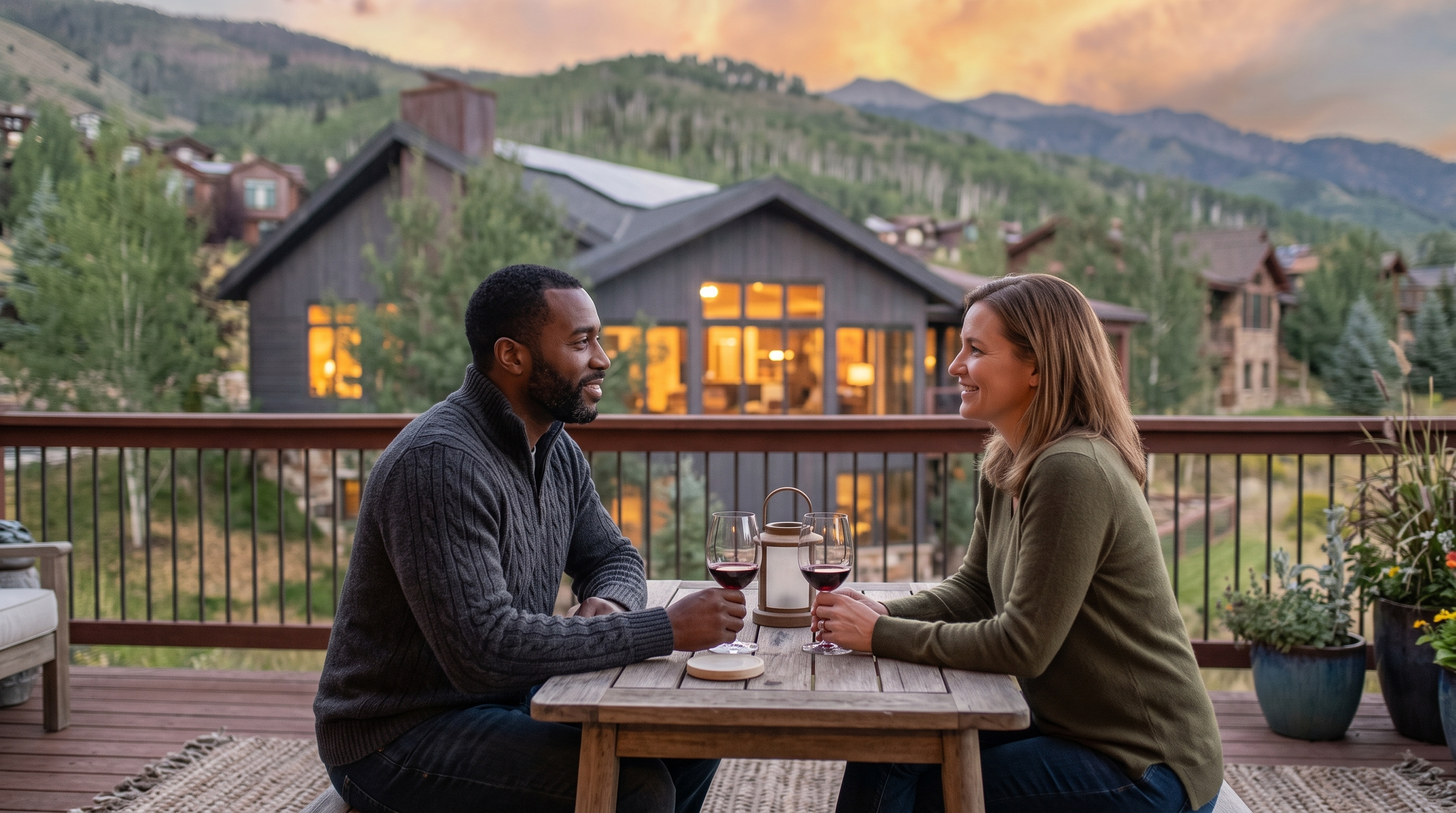 This image features a cozy, elevated wooden deck set against a stunning mountain backdrop at dusk. A couple is shown enjoying wine at a small table, highlighting the space's potential for intimate outdoor dining and entertaining. The architectural design of the home, characterized by large windows and a natural aesthetic, seamlessly integrates with the scenic landscape, offering an inviting and picturesque lifestyle setting.