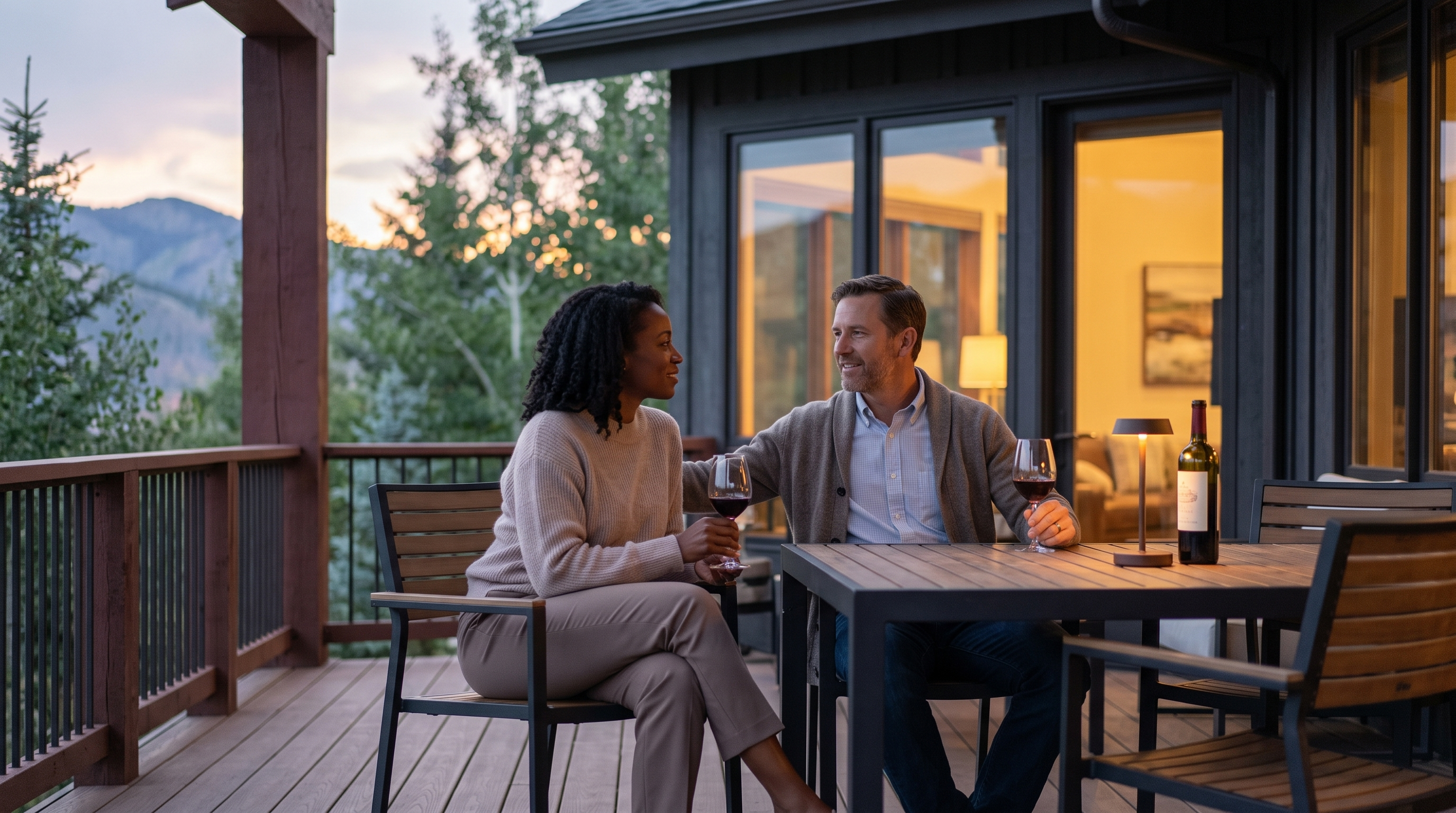 This inviting outdoor living space features a spacious wooden deck with modern patio furniture, perfect for dining and entertaining. The area offers scenic mountain views and a cozy atmosphere, highlighted by warm indoor lighting filtering through large glass doors. It presents a sophisticated and relaxed lifestyle setting, ideal for evening gatherings.