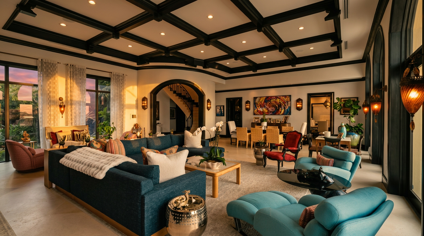 This expansive, open-concept living area features a dramatic coffered ceiling with dark wood beams that contrast against the bright white walls. The room is furnished with a large navy blue sectional, light blue lounge chairs, and a formal dining set in the background, all anchored by a neutral area rug. Large windows with sheer curtains allow natural light to fill the space, while ornate wall sconces and a vibrant piece of abstract art add a touch of sophisticated character.
