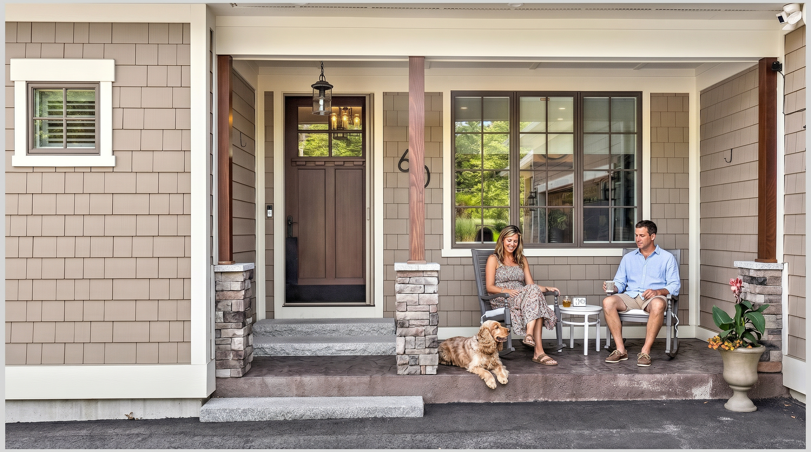 This inviting front entryway features a covered porch with a dark wood-paneled door and a large window with multiple panes. The exterior is finished in neutral-toned shingles, accented by stone-clad pillars supporting the porch roof. Two rocking chairs sit on the concrete porch, creating a welcoming and comfortable outdoor seating area.