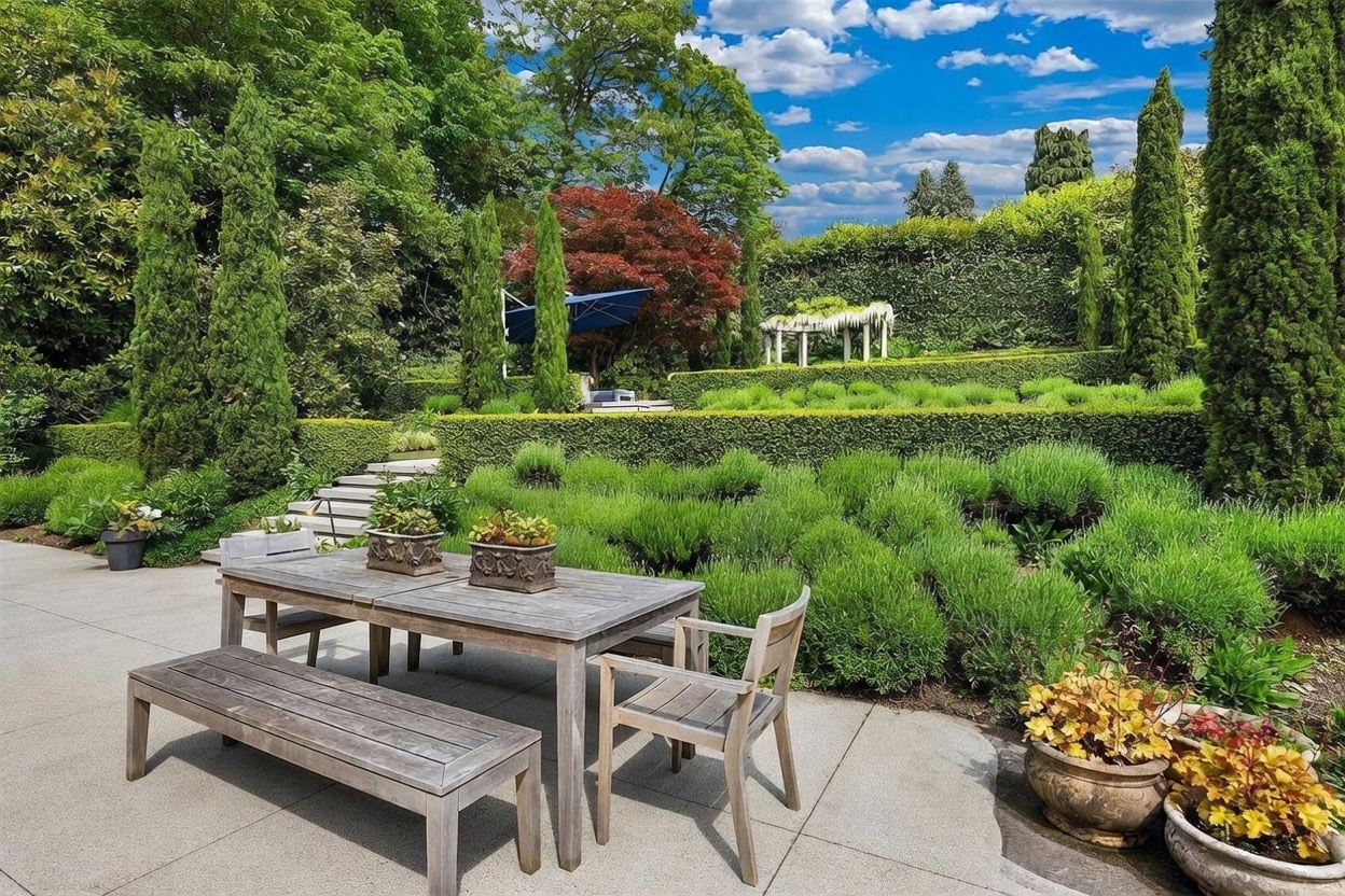This image captures a serene outdoor patio space featuring a weathered wood dining set, including a table and bench, set against a backdrop of meticulously manicured terraced gardens. The landscape design incorporates tiered hedges, tall evergreen trees, and a white pergola structure, creating a formal and tranquil atmosphere. The perspective is from the patio looking out toward the lush, multi-level garden, emphasizing the property's well-maintained outdoor living area.