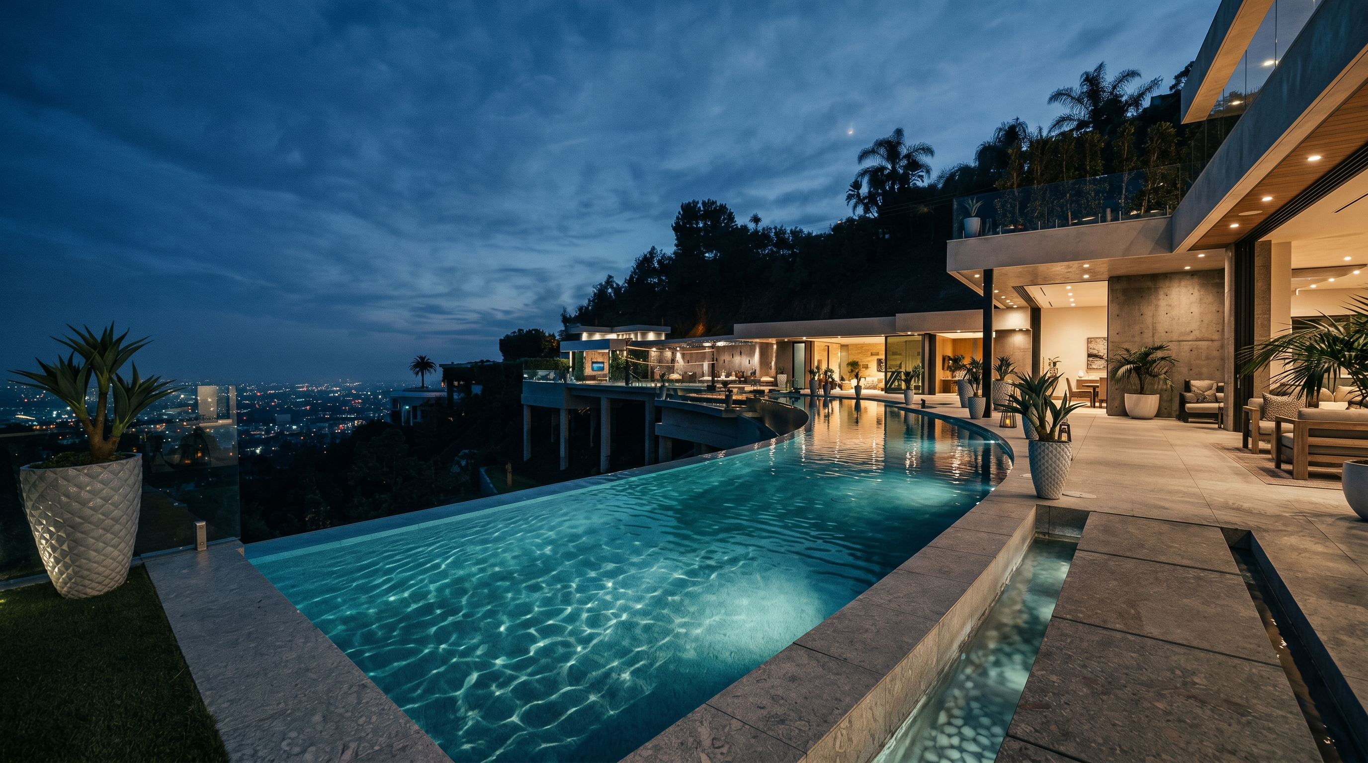 This stunning infinity-edge pool overlooks a sprawling, illuminated city skyline at twilight, creating a dramatic and luxurious atmosphere. The modern architectural design features sleek lines, integrated lighting, and lush potted plants that frame the expansive water feature. The perspective captures the seamless transition between the high-end residence and the breathtaking panoramic view, emphasizing a sophisticated lifestyle.