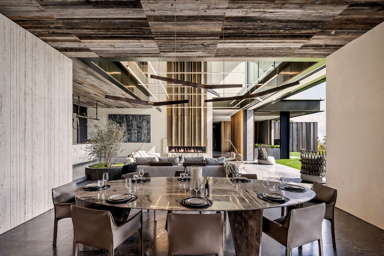 This sophisticated open-concept dining area features a large, polished stone oval table as its centerpiece, surrounded by modern leather chairs. The space is defined by a striking reclaimed wood ceiling, a linear fireplace, and seamless indoor-outdoor flow leading to a lush patio. The overall aesthetic is ultra-luxurious and contemporary, characterized by high-end materials and dramatic architectural lighting.