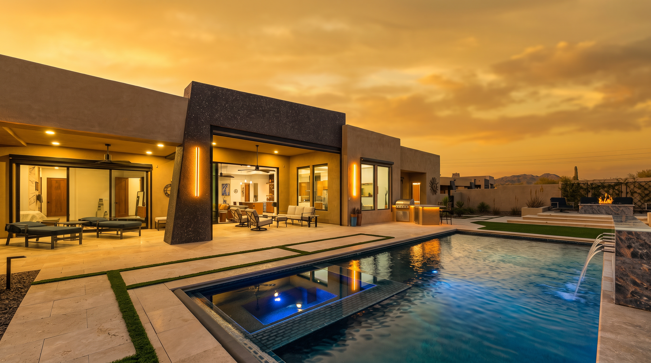 This stunning rear exterior view showcases a modern desert home at twilight, featuring a seamless transition between the indoor living area and the expansive stone patio. The scene is anchored by a sleek, dark-tiled pool with a built-in spa and cascading water features, illuminated by vibrant blue lighting. The architecture highlights clean lines, warm accent lighting, and a spacious outdoor kitchen, creating an inviting atmosphere for evening entertaining.