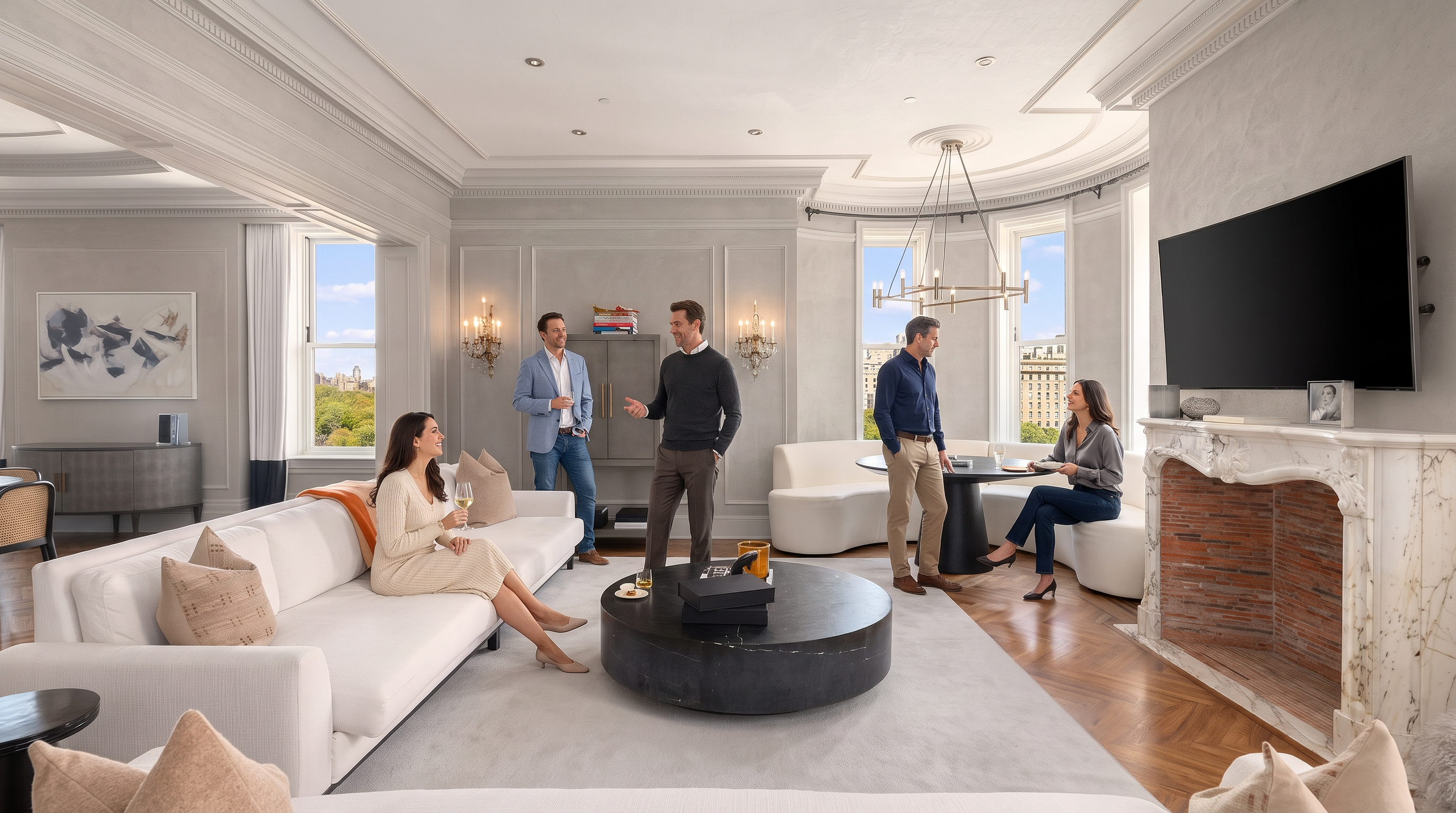 This elegant and spacious living room features a sophisticated blend of classic molding, a grand marble fireplace, and contemporary furnishings, creating a luxurious atmosphere. The room is anchored by a large circular coffee table and a plush white sofa, complemented by a dedicated dining nook set against a curved wall with floor-to-ceiling windows. The bright, open layout is accented by stylish lighting fixtures, polished herringbone flooring, and high-end decor, making it an ideal space for upscale entertaining.