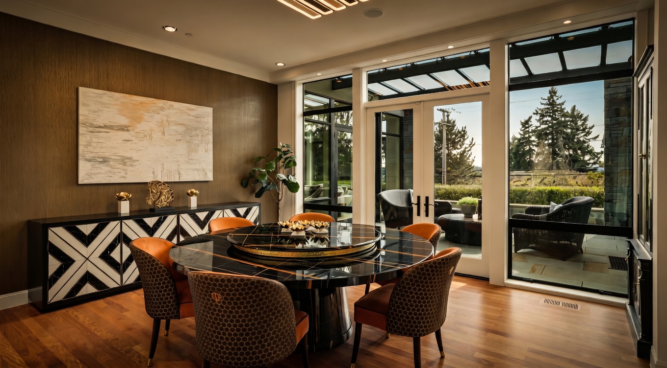 This elegant dining room features a round, dark stone-topped table with a central rotating tray, surrounded by four upholstered chairs with a geometric pattern. A long, modern sideboard with a bold black-and-white graphic pattern sits against a textured tan wall, topped with decorative accents and a large piece of abstract art. The room is bathed in natural light from large windows and a glass door that opens to an outdoor patio, creating a seamless transition between indoor and outdoor living spaces.