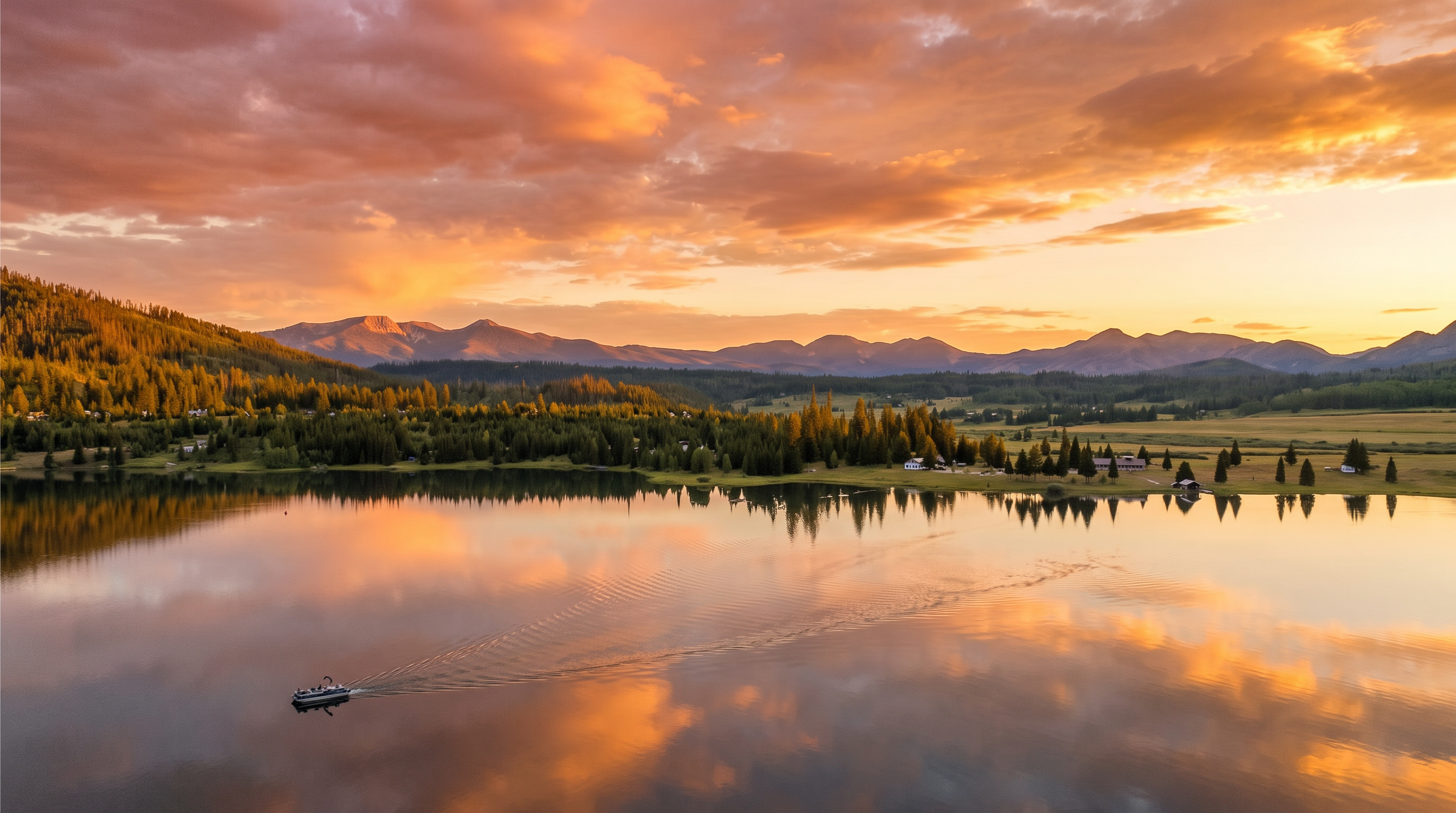 This stunning aerial view captures a serene lake at sunset, reflecting the vibrant pink and orange hues of the sky. The landscape features a dense forest of evergreen trees bordering the water, with a small boat creating a gentle wake across the calm surface. The perspective provides a wide, cinematic look at the natural beauty and tranquil setting of the property's surroundings.