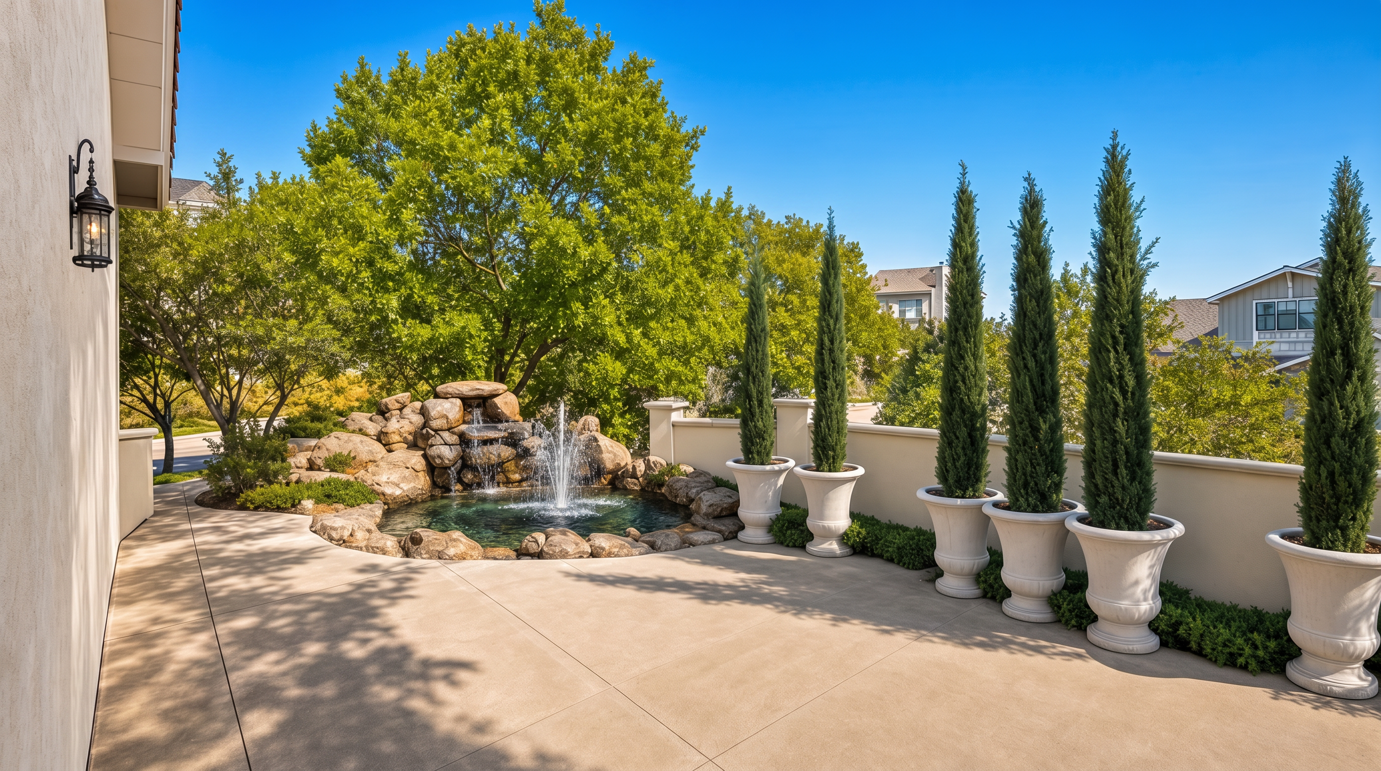 This image shows a patio area currently undergoing construction or renovations, evidenced by the prominent metal scaffolding and stacks of wooden planks. The space features a covered pergola structure and several potted evergreen trees arranged on a paved surface, offering potential for a charming outdoor living environment. Large rocks and construction debris suggest the project is in a transitional phase, but the area holds distinct promise for landscaping improvements.