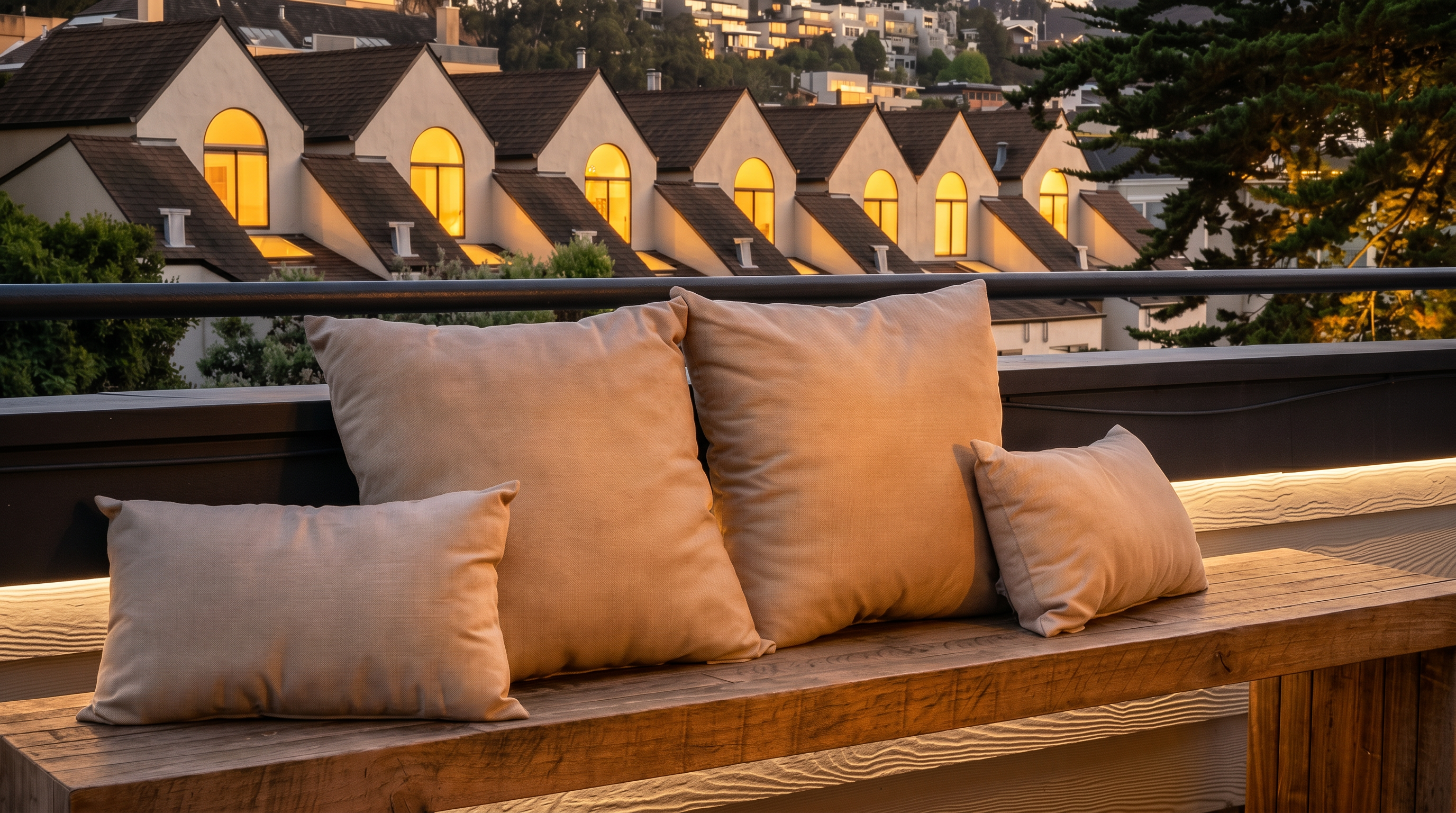 This image shows an outdoor balcony featuring a weathered wood bench decorated with neutral-toned throw pillows. In the background, there is a view of a terrace-style housing complex built into a hillside, creating a serene and private urban aesthetic. The space offers a comfortable spot for relaxation while providing a vantage point over the neighborhood.