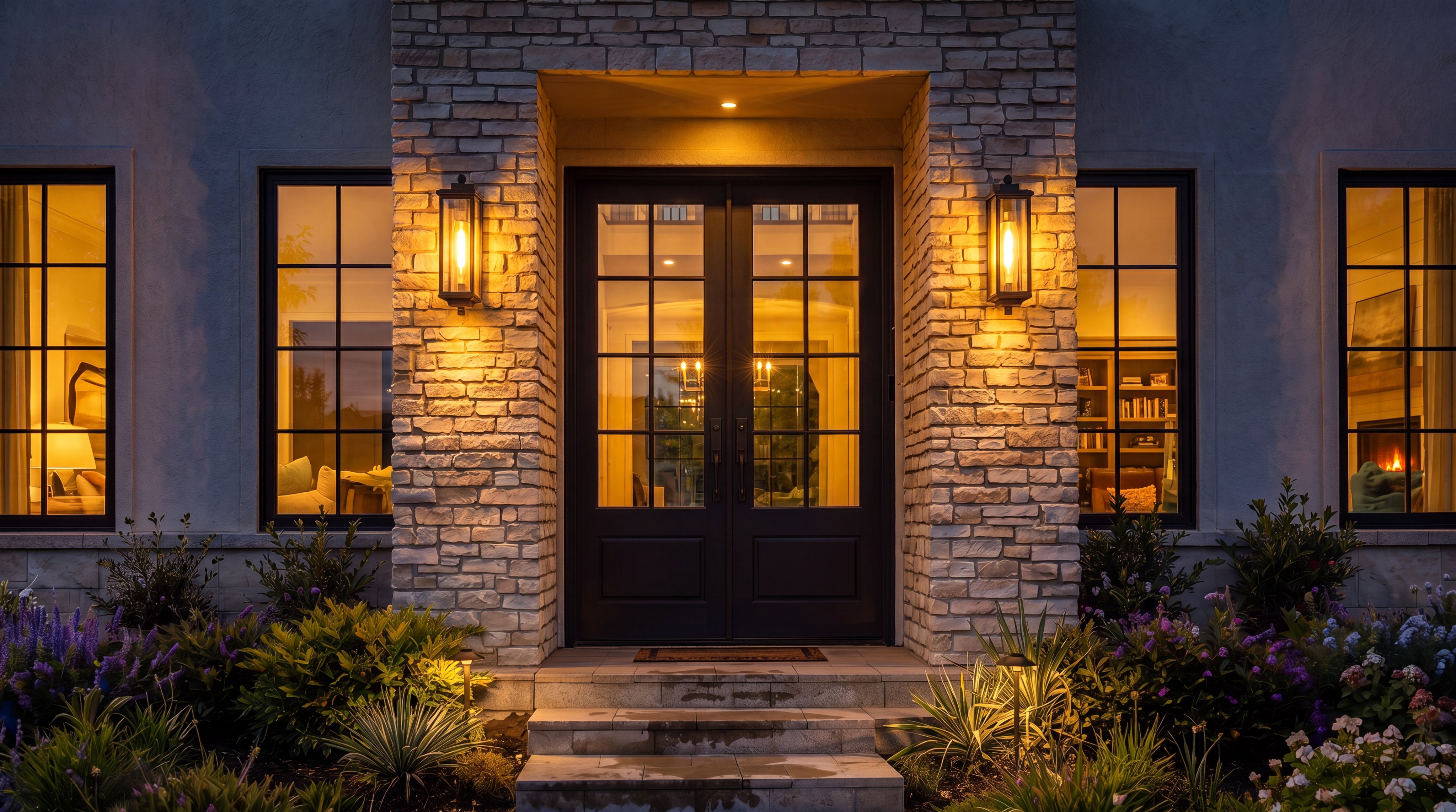 This sophisticated home entry features a grand double-door design framed by exquisite natural stone masonry and elegant, warm-toned wall sconces. The entrance is elevated by stone steps and flanked by manicured landscaping, creating a welcoming and upscale atmosphere. The large, multi-pane windows on either side reflect the cozy, illuminated interior, enhancing the property's overall curb appeal.