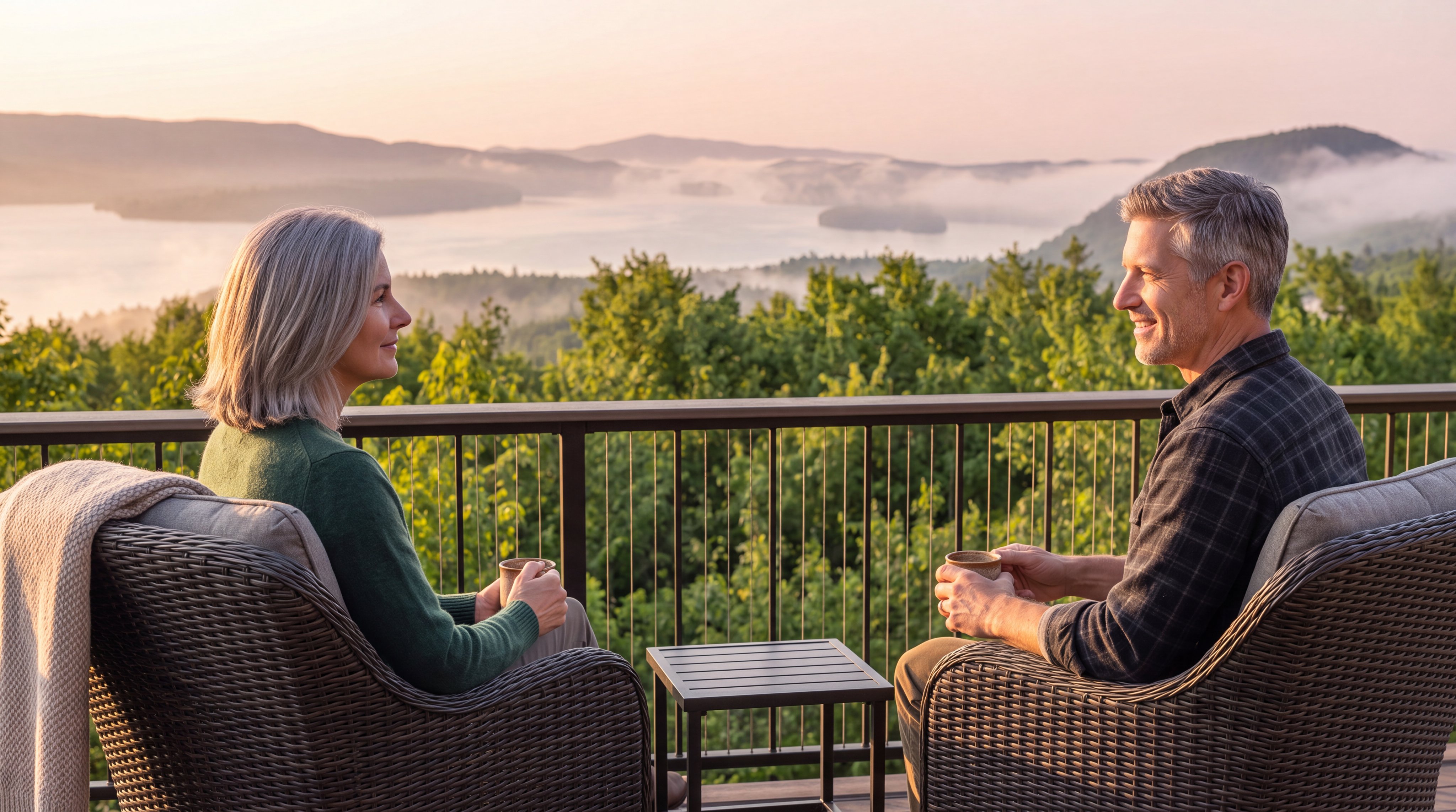 This image features a expansive, elevated deck with a durable composite surface and a modern black metal railing. The vantage point offers a stunning, panoramic view of a serene mountain lake surrounded by dense, lush forest. The deck provides an ideal outdoor setting for relaxation and enjoying the natural landscape.