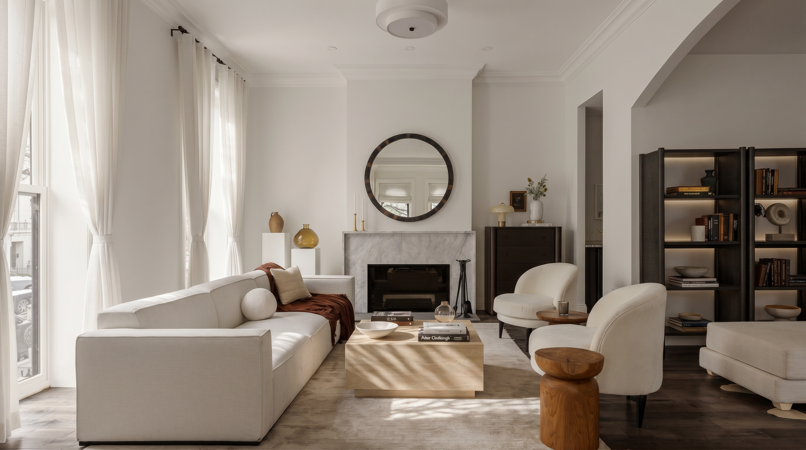 This sophisticated living room features a neutral color palette, a plush cream-colored sofa, and two elegant accent chairs arranged around a minimalist light wood coffee table. A striking marble fireplace serves as the focal point, topped with a large circular mirror, while dark wood shelving units provide a refined contrast. The space is bathed in soft, natural light from floor-to-ceiling windows, creating an airy and inviting atmosphere perfect for high-end residential living.