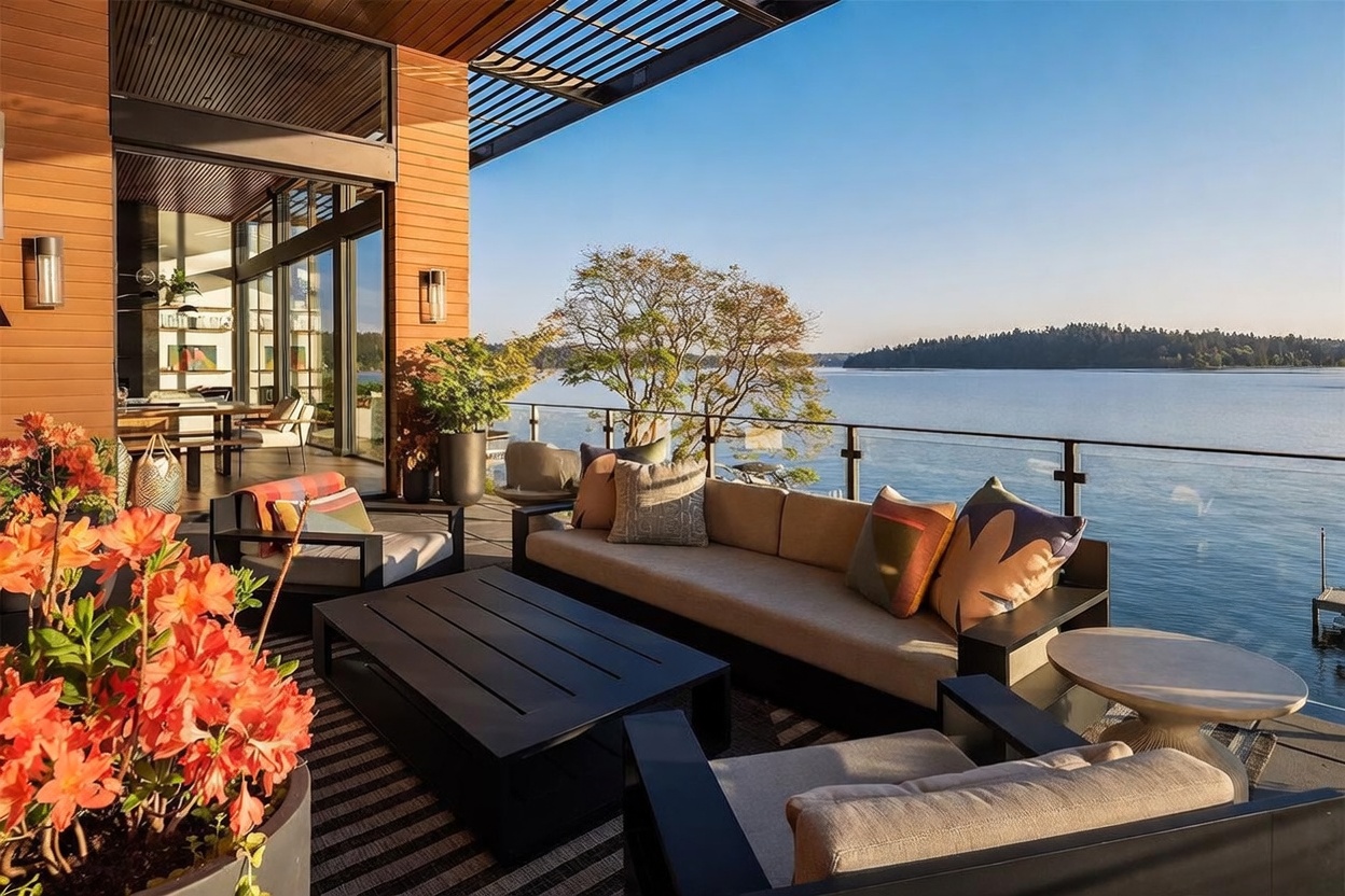 This expansive, modern waterfront deck features a comfortable outdoor seating area with a long sofa, armchairs, and a low coffee table arranged on a striped rug. The space is framed by sleek glass railings that provide an unobstructed view of the calm lake and distant treeline, while large sliding glass doors connect the deck to the interior living space. The warm wood-paneled ceiling and exterior walls create a sophisticated, inviting atmosphere perfect for relaxation and entertaining.