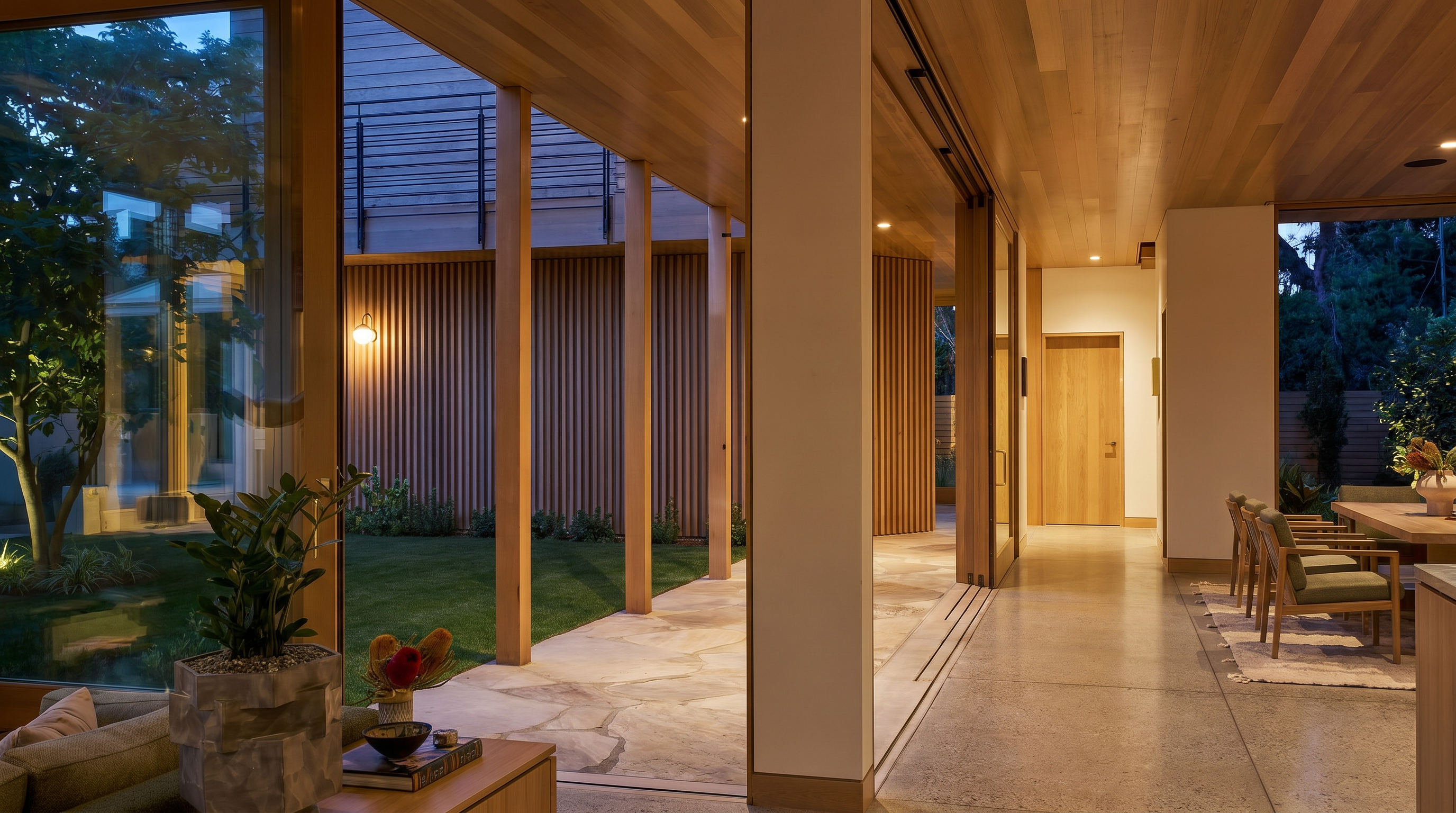 This contemporary residence features a multi-level design with warm wood siding and a prominent stone-clad accent wall. A spacious wooden deck surrounds a rectangular swimming pool and integrated spa, creating a seamless transition between the indoor living areas and the outdoor space. The scene is captured from a low-angle perspective, emphasizing the modern architectural lines and the inviting, resort-like atmosphere of the backyard.