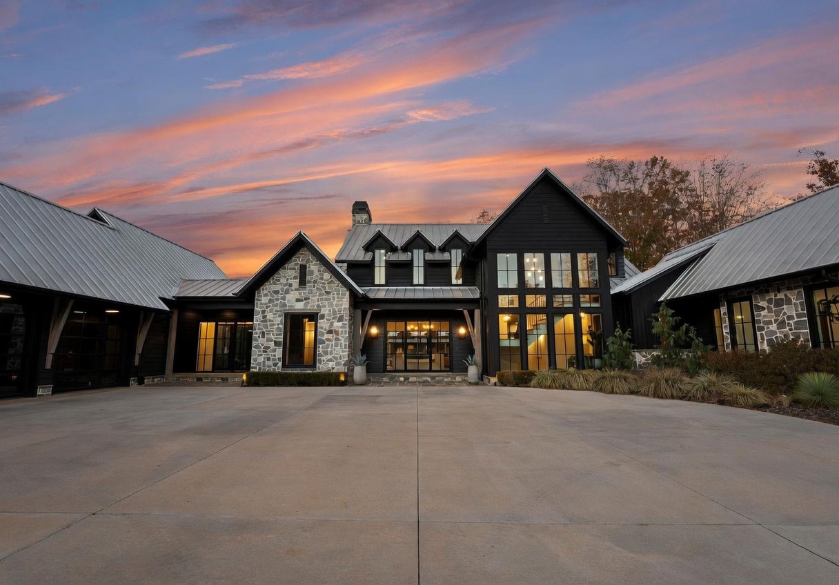 This striking modern farmhouse features a dramatic black exterior contrasted by a prominent stone-clad section and a large metal roof. The symmetrical design includes a central entryway flanked by expansive glass windows that reveal a glimpse of the interior, all set against a vibrant sunset sky. A wide, clean concrete driveway leads up to the home, emphasizing its grand scale and contemporary curb appeal.
