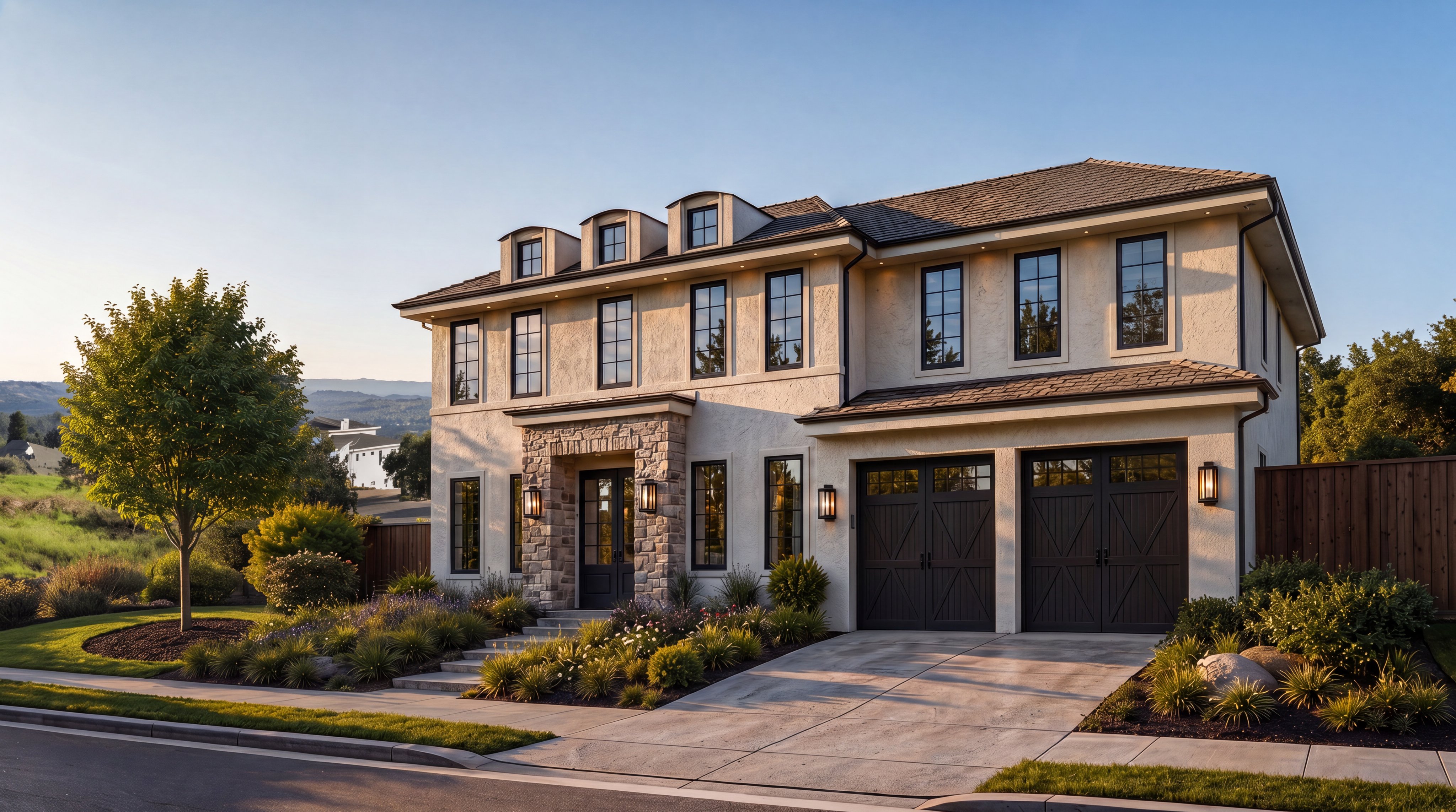 This elegant, two-story luxury residence features a quintessential blend of stucco siding and natural stone accents, creating excellent curb appeal. The home includes a spacious two-car garage, multiple dormer windows, and a beautifully landscaped front garden with manicured shrubs. Its balanced architectural design and warm exterior lighting provide a sophisticated, welcoming impression perfect for an upscale real estate listing.