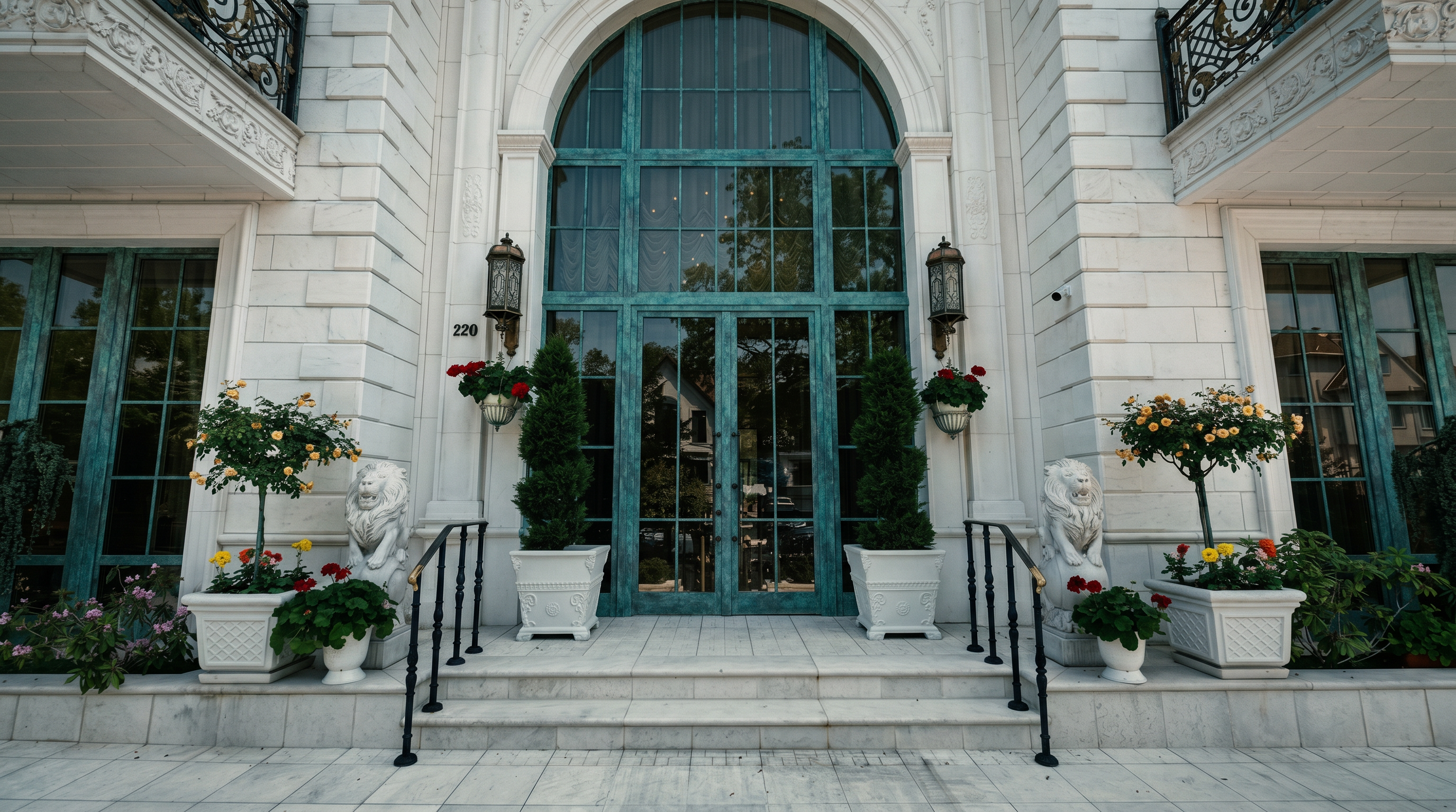 This grand, symmetrical entryway features a striking arched doorway with teal-framed glass panels, flanked by elegant white stone lion statues and manicured topiary trees. The pristine white stone facade, ornate wrought-iron railings, and lush potted flowers create a sophisticated and welcoming atmosphere. The perspective is a centered, eye-level shot that emphasizes the architectural symmetry and luxurious curb appeal of the residence.