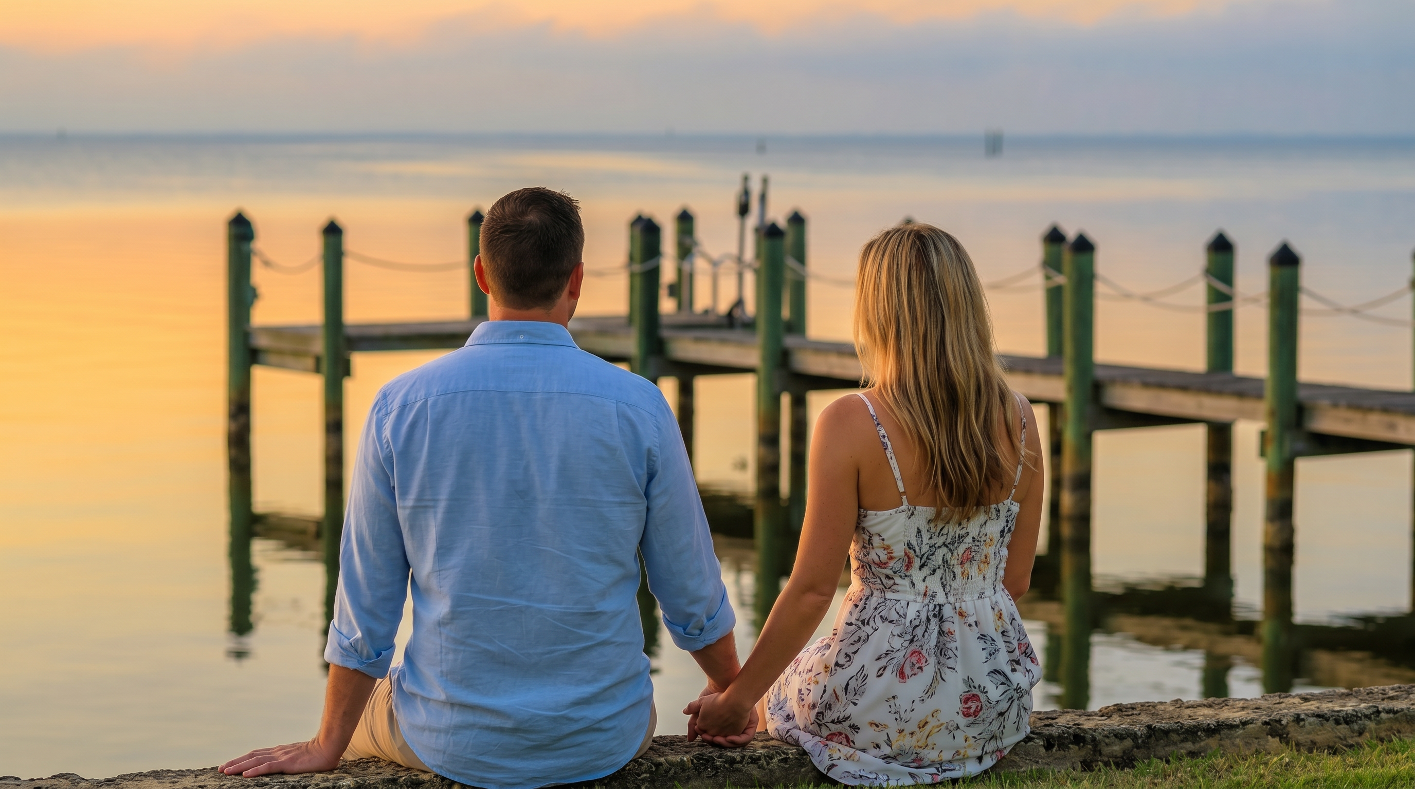 This serene waterfront view captures a lush, manicured lawn leading directly to a calm bay at sunset. A wooden dock extends into the tranquil water, while tall palm trees frame the right side of the composition, enhancing the tropical atmosphere. The soft, golden light of the horizon creates a peaceful and inviting ambiance, highlighting the property's prime location.