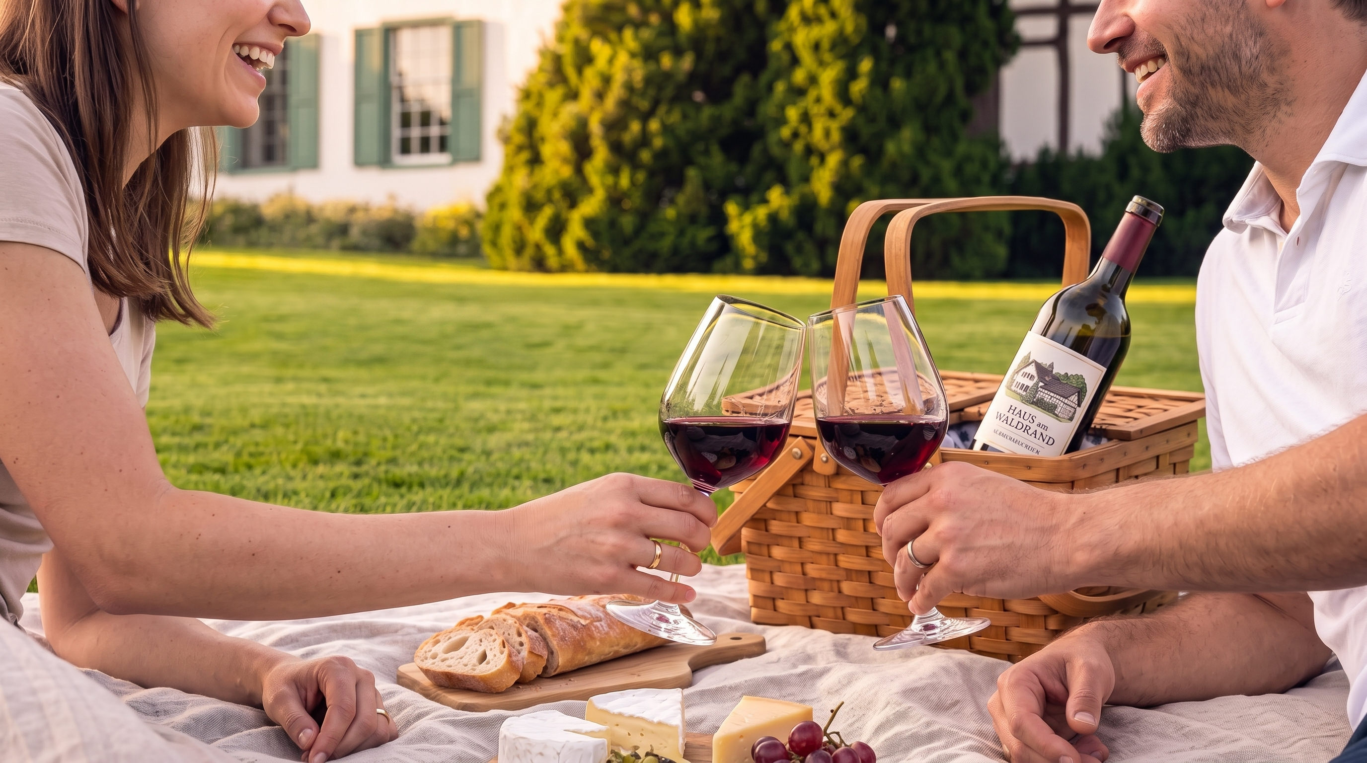 This scene captures an idyllic outdoor lifestyle setting, featuring a well-manicured green lawn and a glimpse of a traditional building in the background. The foreground highlights a casual, upscale picnic arrangement, emphasizing the property's potential for leisure and social outdoor living. The lush surroundings and inviting atmosphere suggest a high-quality residential environment suitable for relaxation and entertainment.