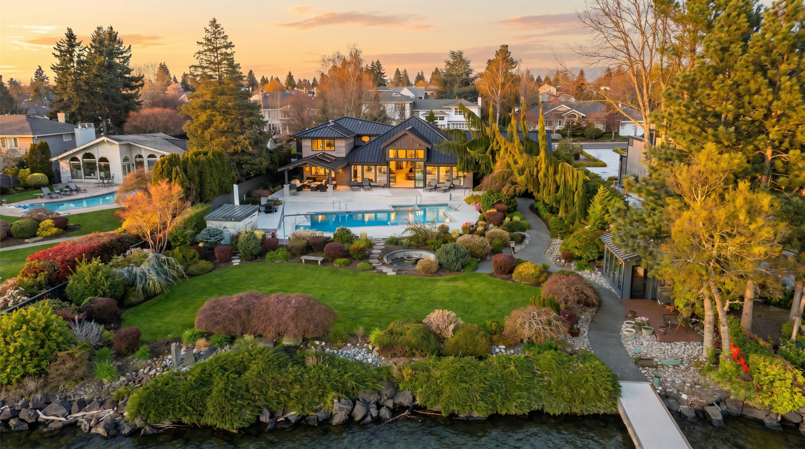 This stunning aerial view captures a luxurious waterfront estate featuring a modern home with a dark metal roof, a sprawling patio, and a pristine swimming pool. The property boasts a meticulously landscaped lawn that transitions into a rocky shoreline, complete with a private dock extending into the water. The perspective highlights the seamless integration of high-end architecture with the natural beauty of the lakeside setting.