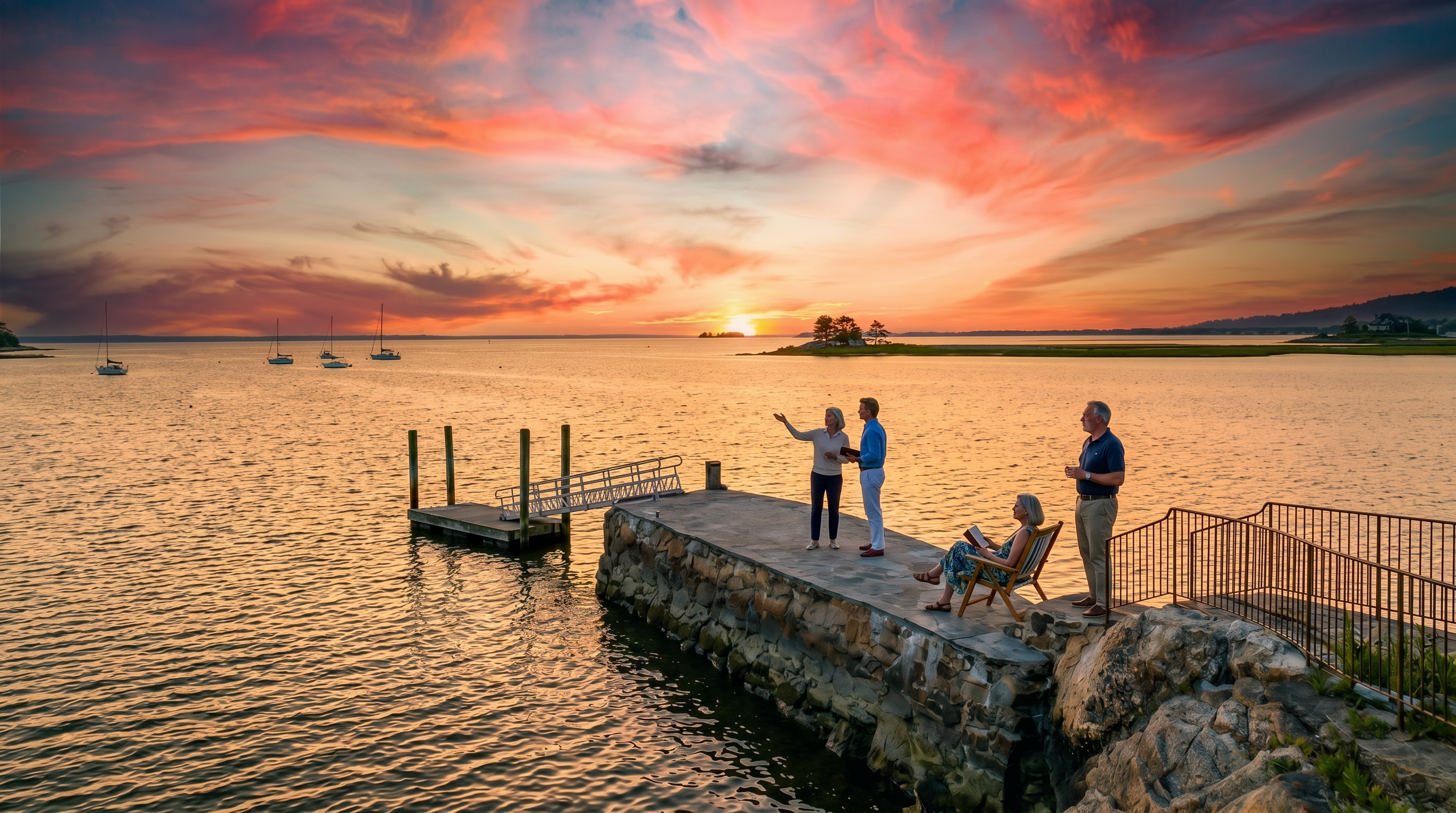 This elevated perspective captures a private stone pier extending into a calm, expansive bay under a clear blue sky. The scene features a rugged rock shoreline, a metal gangway leading to a floating dock, and distant sailboats dotting the horizon. The composition emphasizes the serene waterfront lifestyle and the direct access to the water provided by the property.