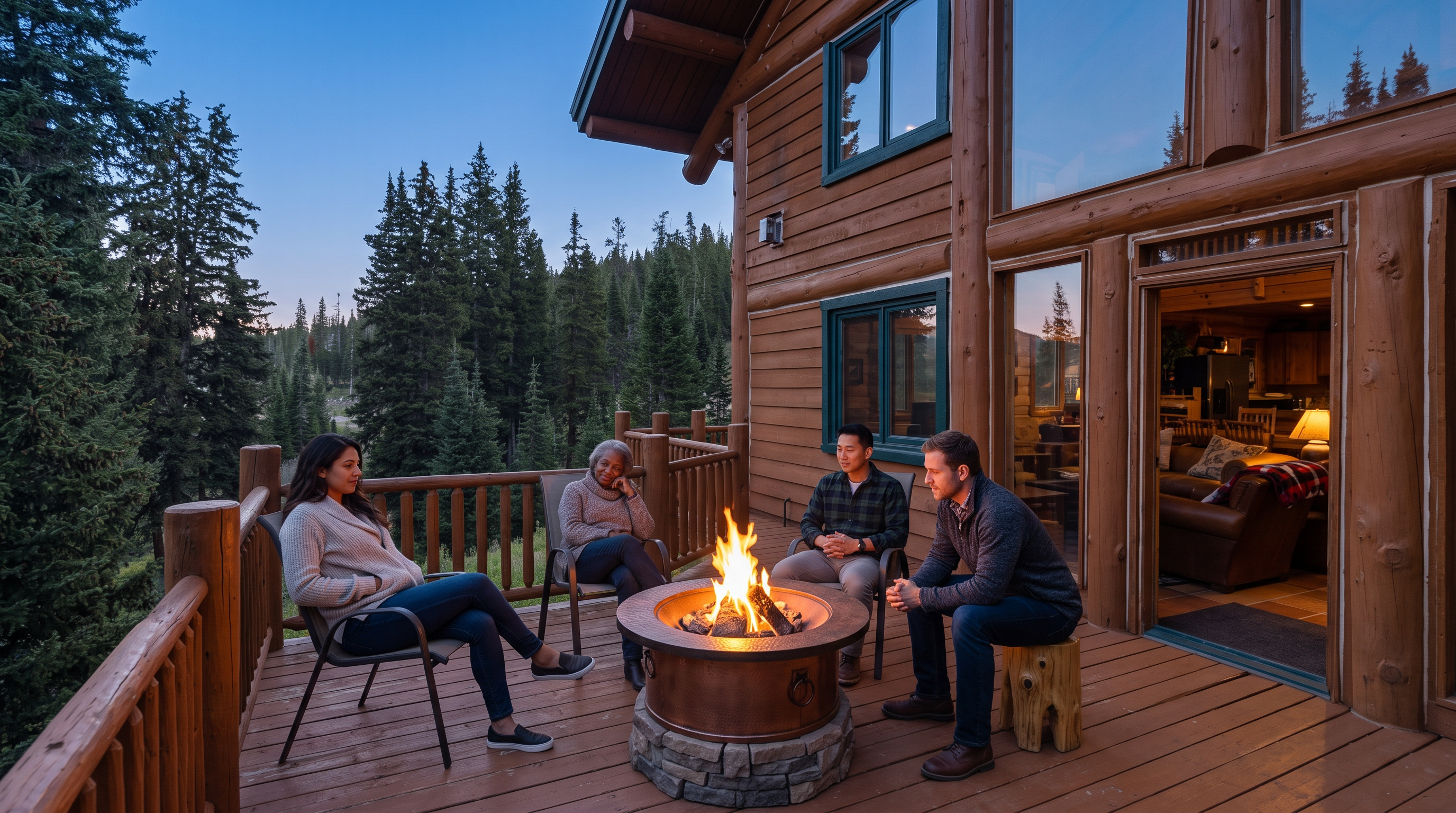 This spacious wooden deck attached to a rustic log cabin offers a cozy, inviting atmosphere for outdoor relaxation. It features a prominent stone-base copper fire pit around which a group of four people are gathered. The setting provides panoramic views of a dense pine forest at dusk, highlighting the property's serene and secluded mountain-style ambiance.