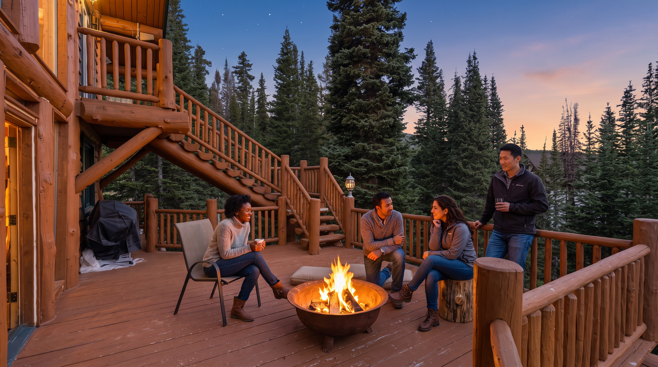 This spacious, rustic wooden deck features a large fire pit as a central gathering spot, perfect for outdoor entertaining. The elevated balcony provides panoramic forest views and includes built-in staircases, creating an inviting atmosphere that blends cozy comfort with a breathtaking natural setting.