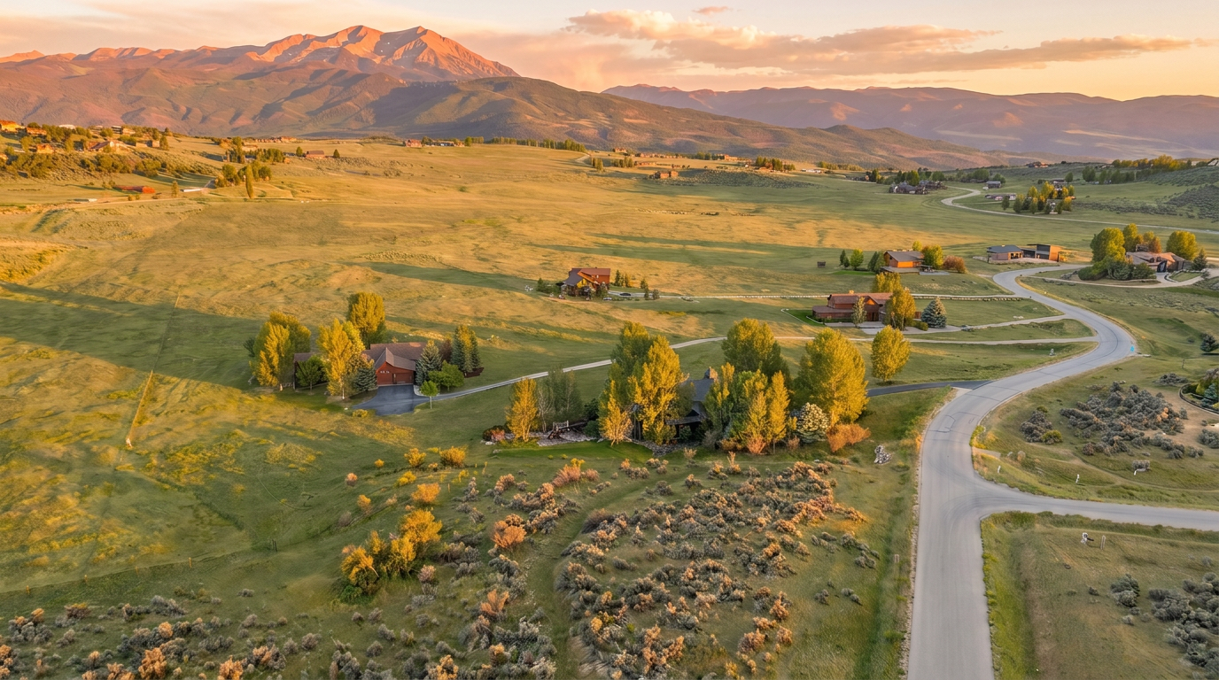 This scenic aerial view highlights a collection of homes situated within a vast, high-desert landscape set against a dramatic backdrop of towering mountain peaks. The property features expansive open space with mature trees surrounding the residences, connected by a winding paved road that emphasizes the secluded and tranquil setting. The overall impression is one of peaceful, rural luxury with significant land and mountain views.