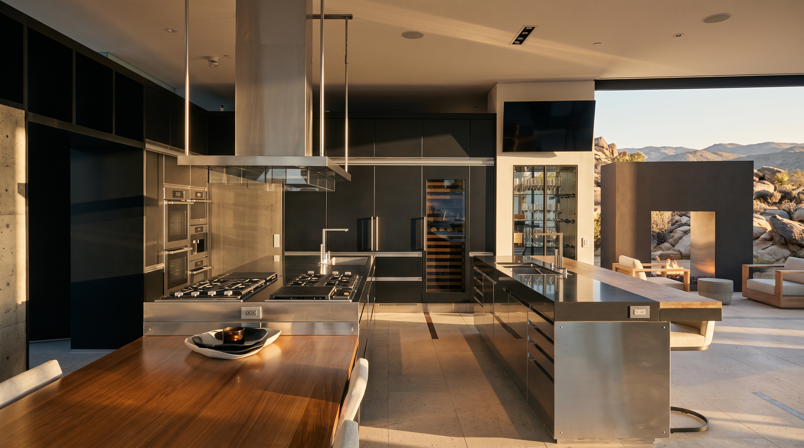 This sleek, modern kitchen features a large central island with a stainless steel base and a dark stone countertop, complemented by a long, light wood-toned breakfast bar extension. The space is equipped with dark, minimalist cabinetry, integrated appliances, and a prominent stainless steel range hood. Large glass doors open to an outdoor patio area, creating a seamless transition between the indoor cooking space and the exterior lounge.