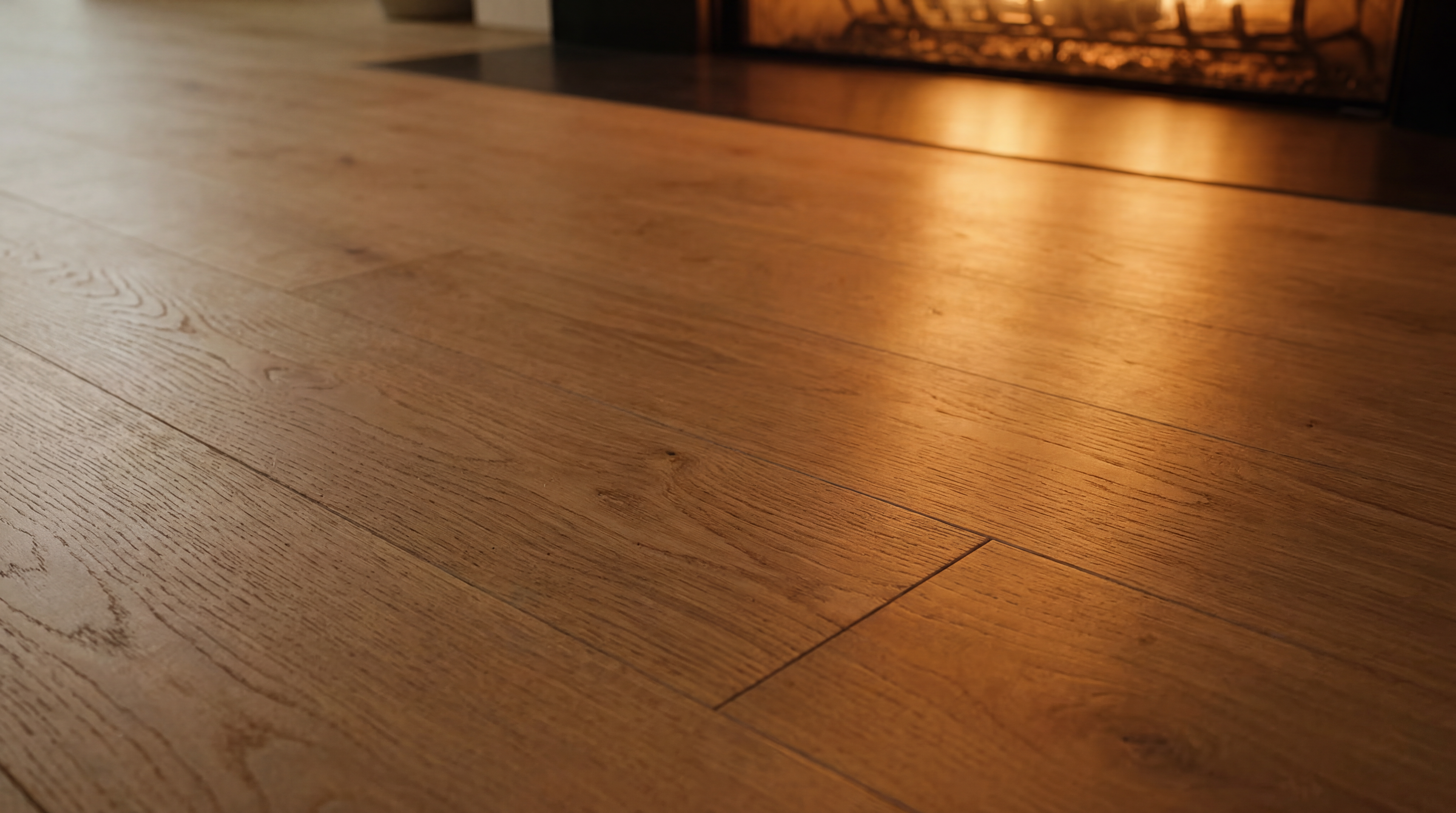 This image showcases warm, light-toned hardwood flooring that extends toward a modern fireplace, highlighting the inviting atmosphere of the living space. The natural wood grain and textures under the soft, glowing light create a cozy, high-end feel. The perspective emphasizes the quality of the flooring as it leads the eye toward the room's central focal point.