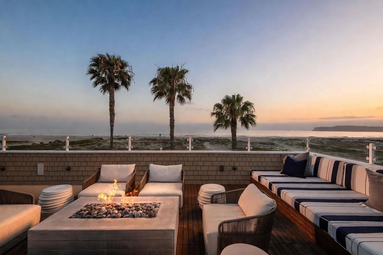 This expansive rooftop deck offers a luxurious outdoor living space with a direct, unobstructed view of the beach and ocean at sunset. The area is furnished with comfortable lounge seating, a large square concrete fire pit, and a long built-in bench with striped cushions, all set against a backdrop of palm trees and the horizon. The wooden decking and glass railing create a modern, sophisticated atmosphere perfect for coastal entertaining.