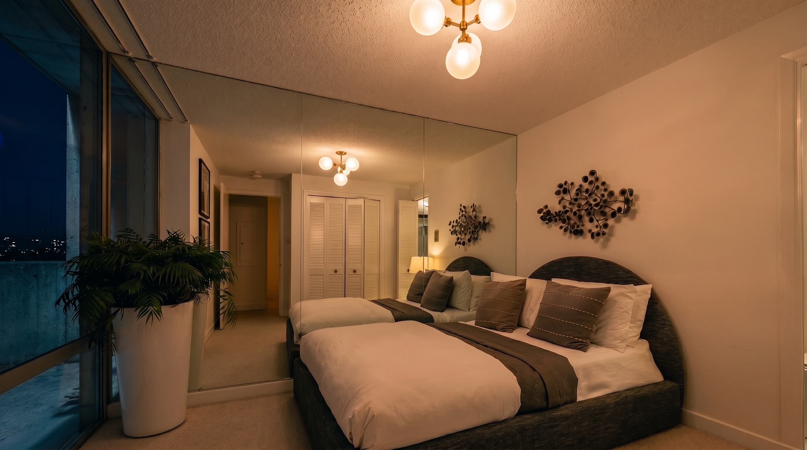 This bedroom features a contemporary aesthetic with a dark upholstered bed frame and a large mirrored wall that enhances the sense of space. A tall, light-toned wooden side table supports a lamp, while a large potted plant sits near the floor-to-ceiling windows. The room is illuminated by a modern multi-globe chandelier, creating a bright and inviting atmosphere.