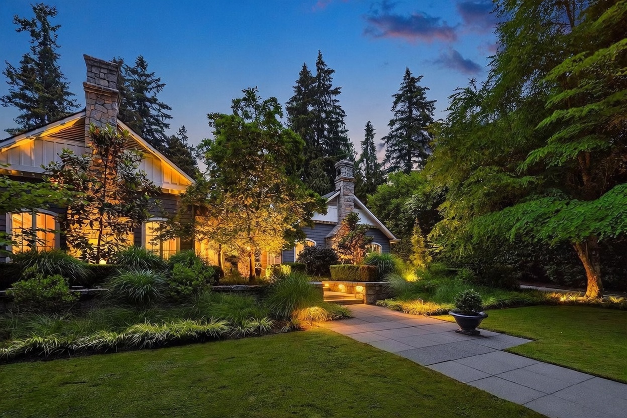 This evening shot captures the front facade of a charming, traditional-style home nestled among mature trees and lush landscaping. The exterior features dark siding, stone-clad chimney breasts, and warm, inviting exterior lighting that highlights the architectural details and the stone-paved walkway leading to the entrance. The perspective is a low-angle, eye-level view that emphasizes the home's curb appeal and serene, park-like setting.