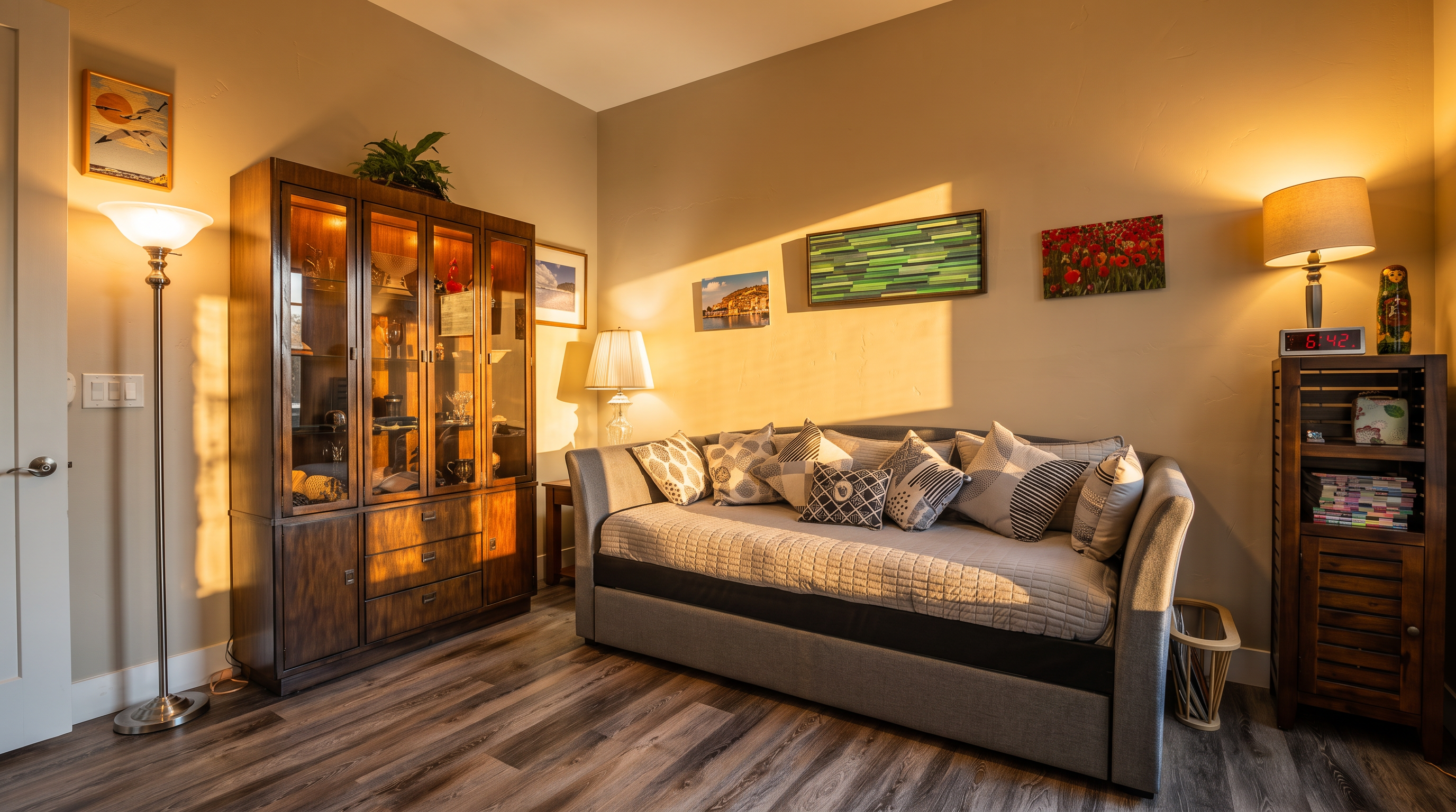 This cozy and well-appointed room serves as a functional guest bedroom or den, featuring a comfortable daybed with patterned throw pillows. The space is anchored by a large, classic wood display cabinet with integrated lighting and complemented by an adjacent storage unit. Warm ambient lighting from floor and table lamps creates a welcoming and inviting atmosphere.