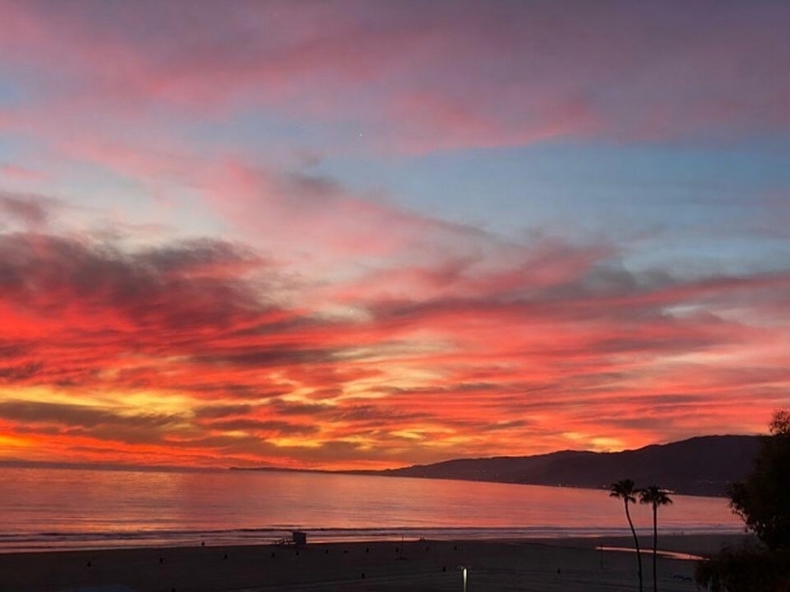 This image captures a breathtaking sunset view over the ocean, likely taken from an elevated balcony or window. The sky is filled with vibrant hues of orange, pink, and deep purple, reflecting off the calm water below. In the foreground, the silhouette of a sandy beach and two palm trees frame the expansive coastal horizon.