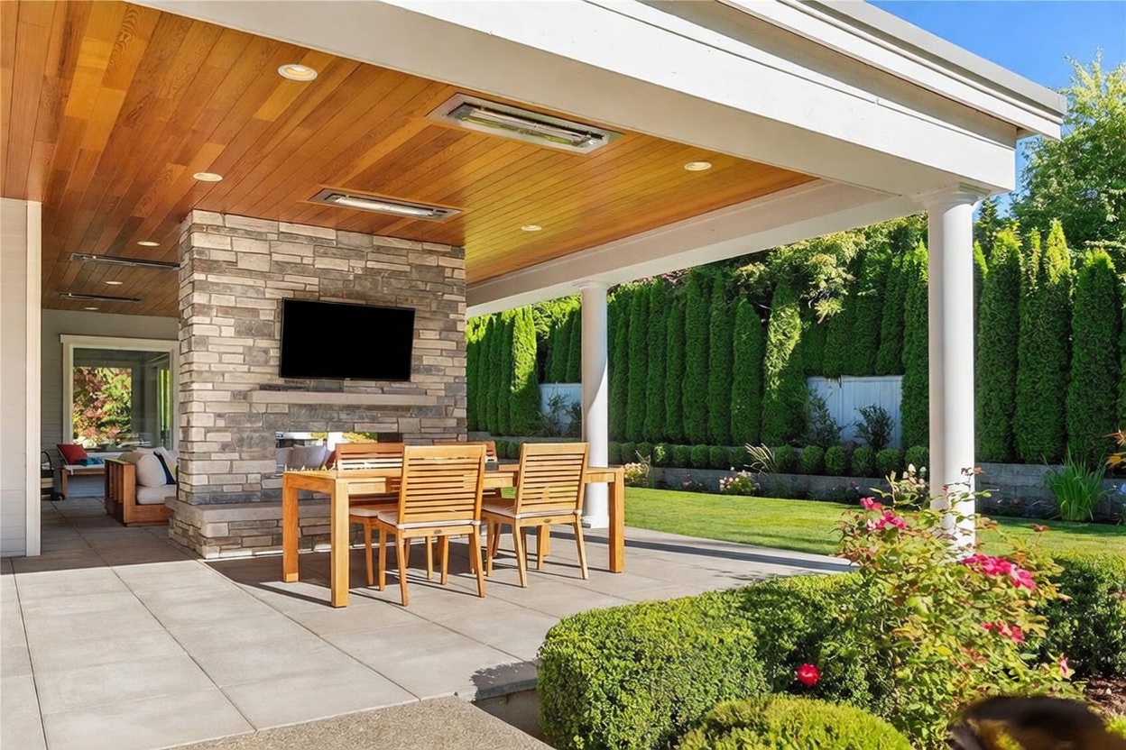 This covered outdoor patio features a stone-clad chimney breast with an integrated television and fireplace, creating a cozy focal point for entertaining. The space is furnished with a light wood dining set and overlooks a manicured lawn bordered by tall, dense hedges. The ceiling is finished with warm-toned wood planks, and the area is supported by white columns, offering a seamless transition between indoor and outdoor living.