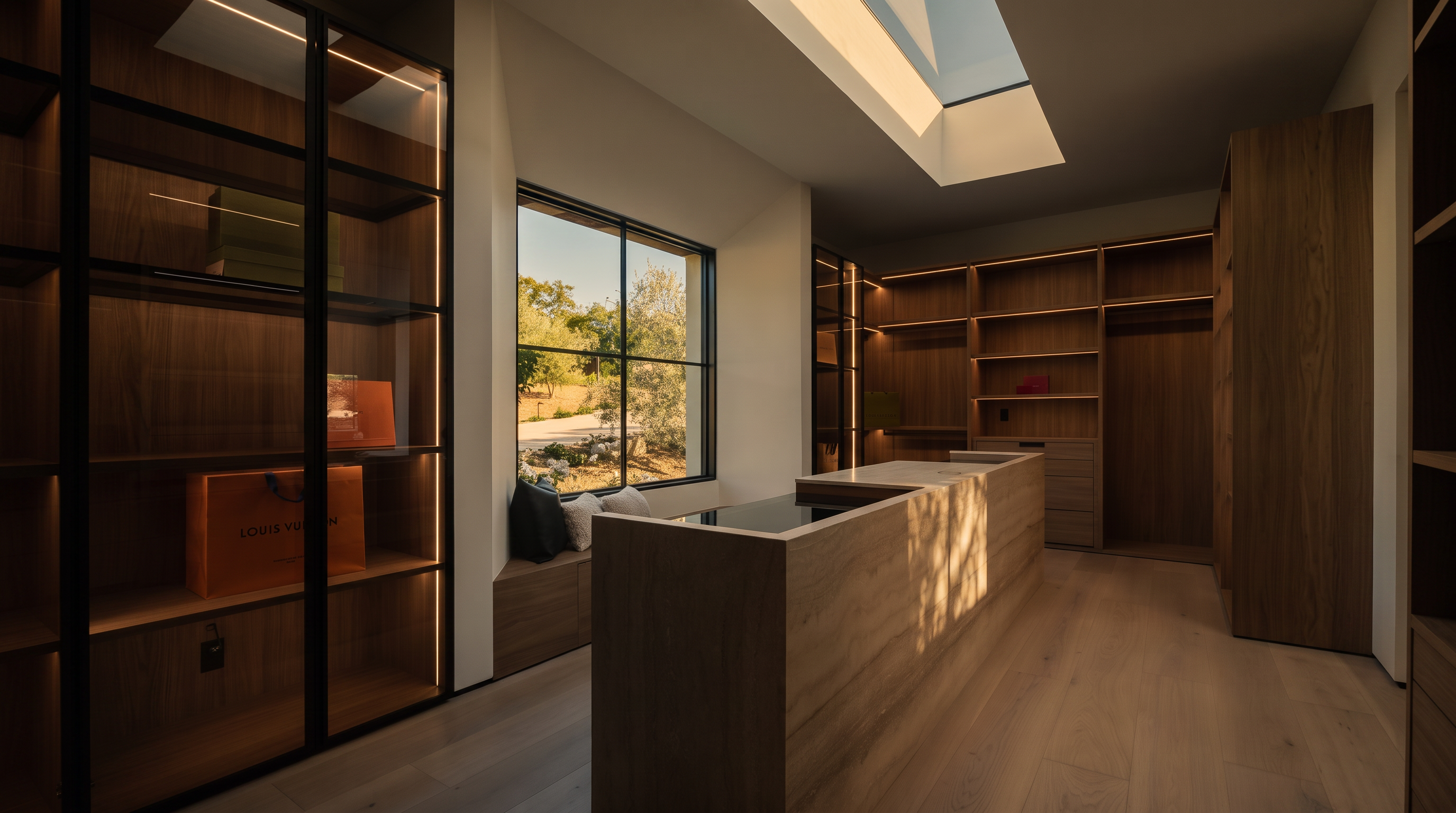 This luxurious walk-in closet features extensive custom wood cabinetry with integrated LED lighting and a central island topped with a stone surface. A large window with a built-in bench seat provides natural light and a view of the outdoors, while a skylight with wooden beams adds architectural interest to the ceiling. The space is finished with light wood flooring, creating a warm and sophisticated atmosphere.