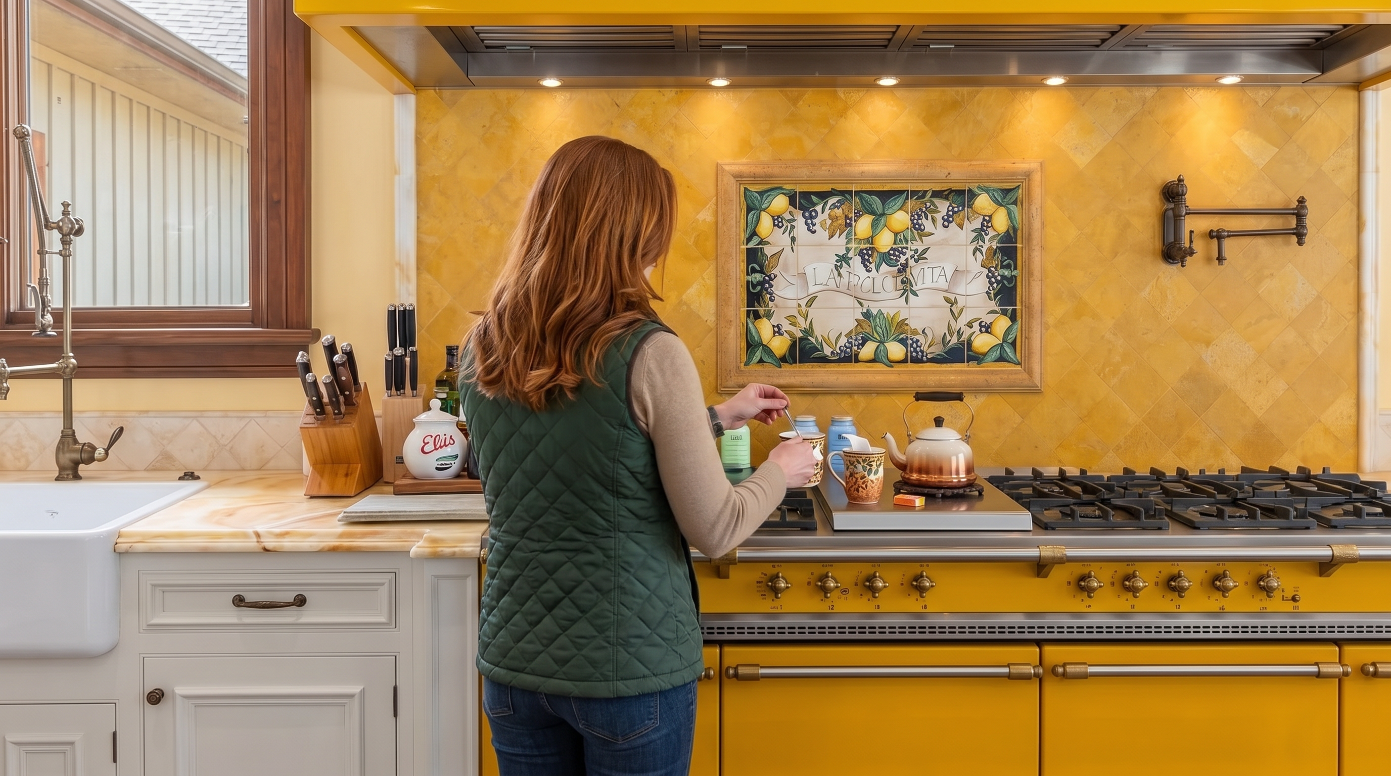 This vibrant kitchen features a striking, professional-grade yellow range as the centerpiece, complemented by a matching yellow range hood and a decorative tile backsplash depicting lemons. The space includes white cabinetry, a farmhouse-style sink, and warm-toned stone wall tiles arranged in a diamond pattern. The perspective is a low-angle, eye-level shot that emphasizes the scale and bold color palette of the cooking area.