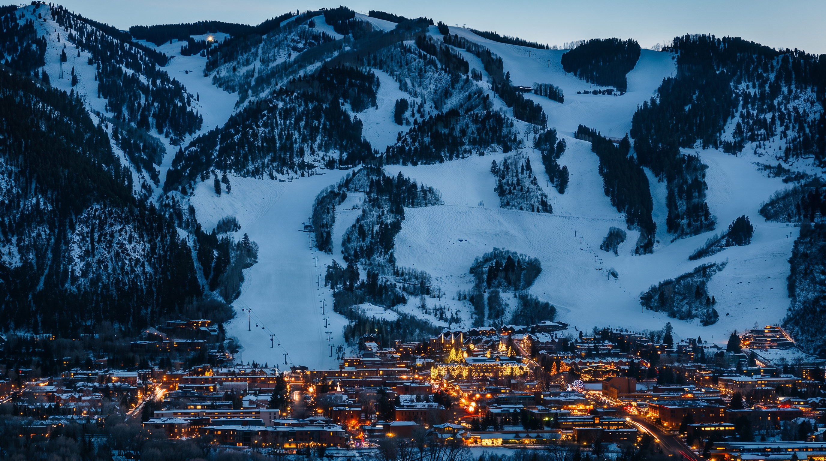 This image presents a vibrant, snow-covered pedestrian walkway in a picturesque mountain resort town. Lined with snow-dusted, decorative trees and featuring outdoor restaurant seating, the setting evokes a cozy and inviting winter atmosphere ideal for village-style living. In the background, a snowy mountain slope is visible, highlighting the location's prime accessibility to ski-in/ski-out recreational activities.