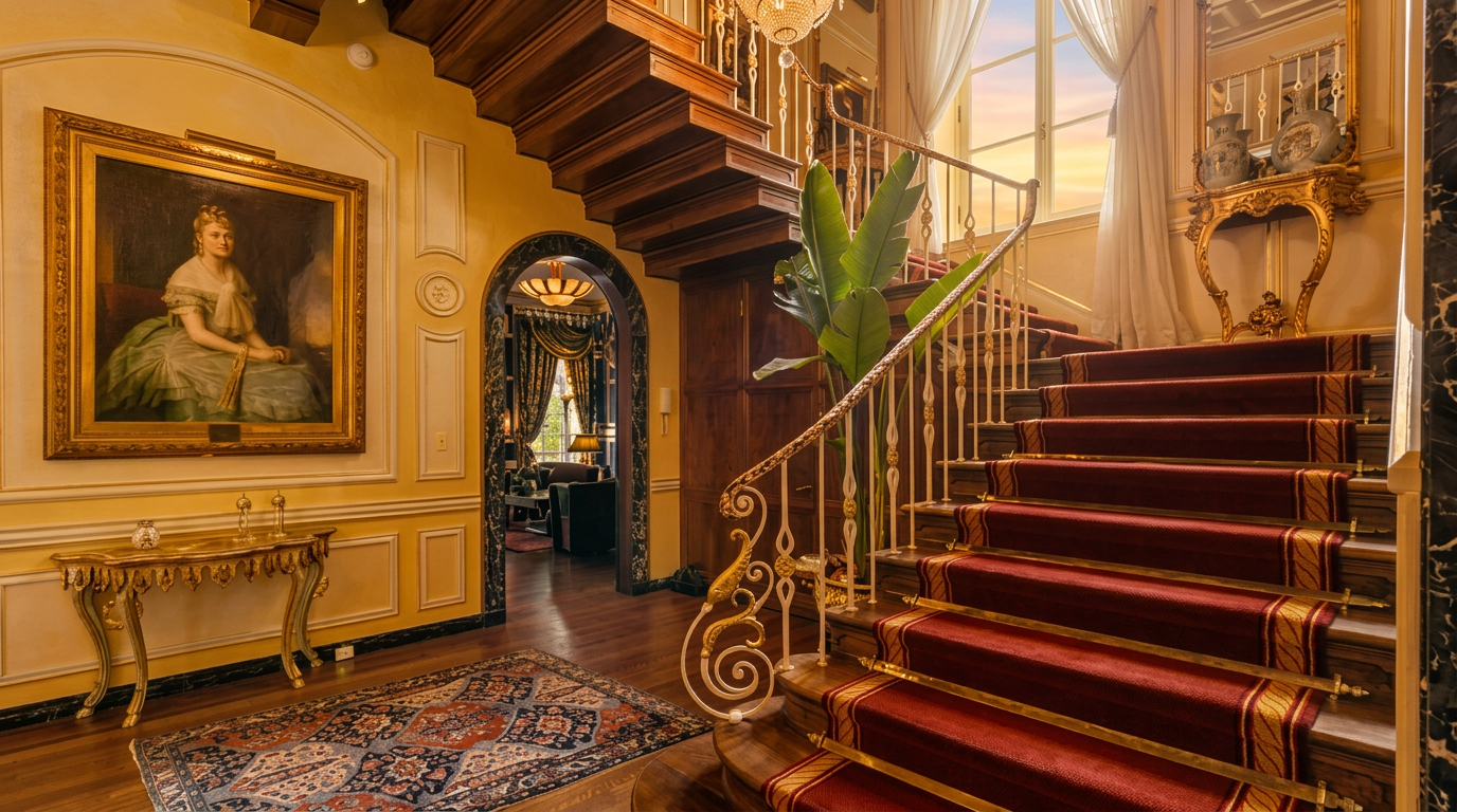 This grand foyer features a sweeping wooden staircase adorned with a plush red runner and ornate metal railings. The space is decorated in a classic, opulent style with a large portrait painting, a gilded console table, and a crystal chandelier. A wide arched doorway leads into an adjacent room, while a patterned area rug anchors the hardwood floor, creating a sophisticated and welcoming entrance.