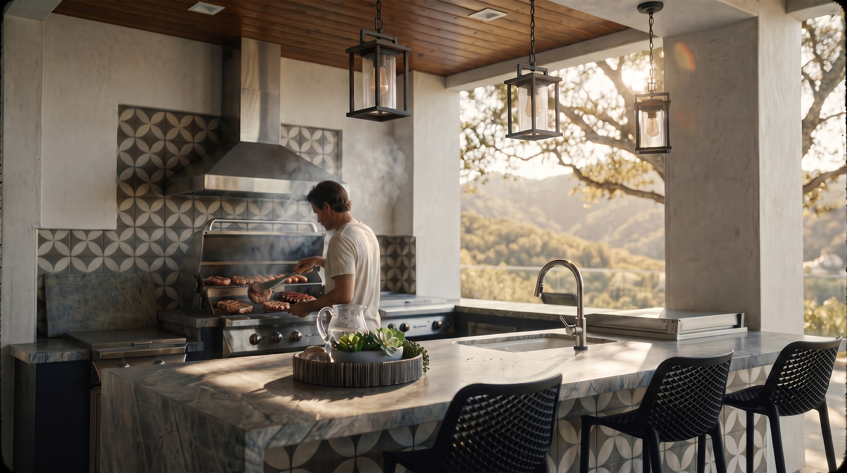 This luxurious outdoor kitchen features a large stone-topped island with modern black lattice bar stools, perfect for entertaining. The space is highlighted by a professional-grade stainless steel grill, a wood-paneled ceiling with recessed lighting, and stylish patterned tile accents. With an open design overlooking a scenic landscape, this area offers a high-end, contemporary aesthetic ideal for al fresco dining.