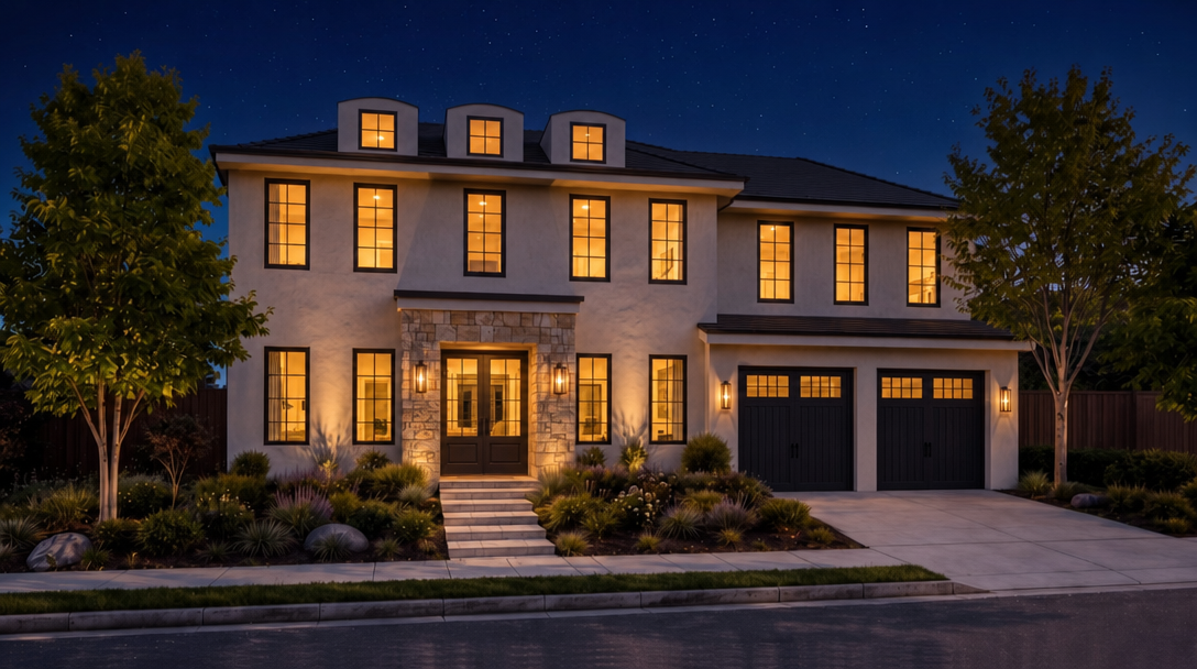 This elegant two-story home features a sophisticated exterior design with stucco siding, dark window frames, and stone accents around the entrance. The front view showcases a professionally landscaped garden, a welcoming stone entryway with steps, and an attached two-car garage. Set against a starry night sky, the home's warm lighting creates a luxurious and inviting curb appeal.