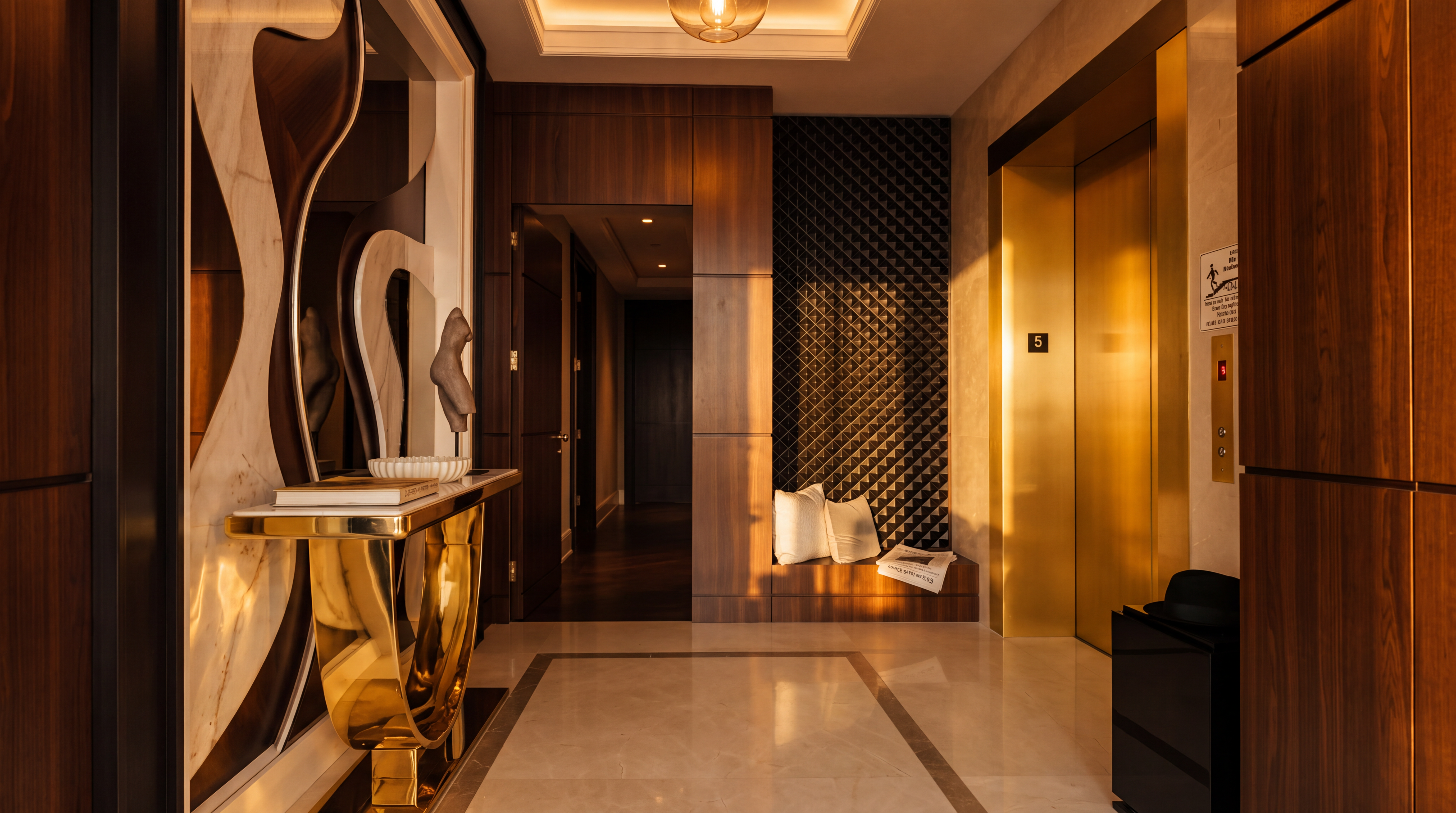 This sophisticated elevator lobby features a high-contrast design with rich wood-paneled walls and a striking geometric patterned accent wall. A polished gold-toned console table sits beneath a decorative mirror, while a built-in bench with plush pillows provides a refined seating area. The space is illuminated by recessed lighting, creating a luxurious and welcoming atmosphere for residents and guests.