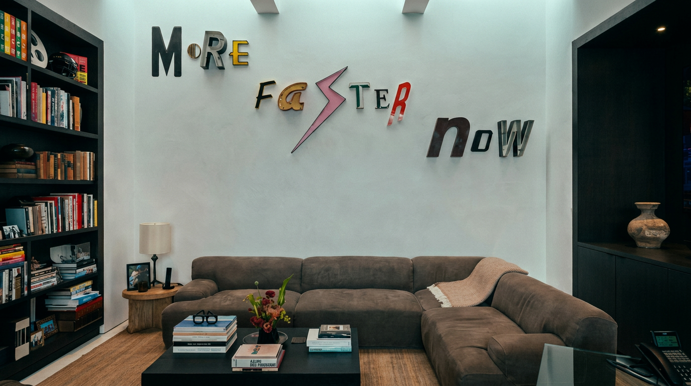 This contemporary living room features a large, comfortable brown sectional sofa centered around a minimalist black coffee table. The focal point of the room is a striking wall art installation spelling 'MORE FASTER NOW' in varied typography, set against a clean white wall. Flanking the seating area are dark wood built-in bookshelves, creating a sophisticated and intellectual atmosphere.