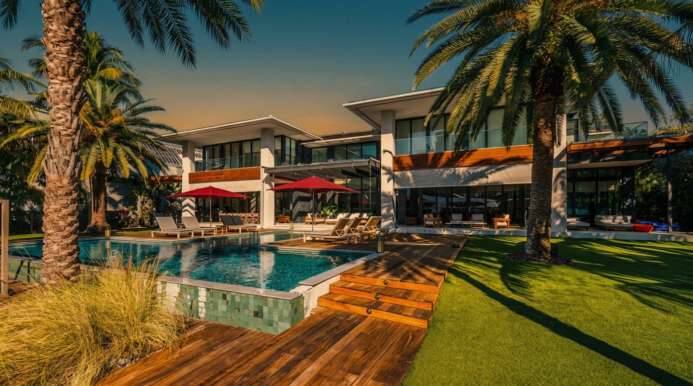 This luxurious modern residence features a sprawling backyard with a custom-designed swimming pool and a tiered wooden deck. The home showcases clean architectural lines, large glass panels, and warm wood accents, seamlessly blending indoor and outdoor living spaces. Lush palm trees and manicured green lawns frame the property, creating a serene and high-end resort-like atmosphere.