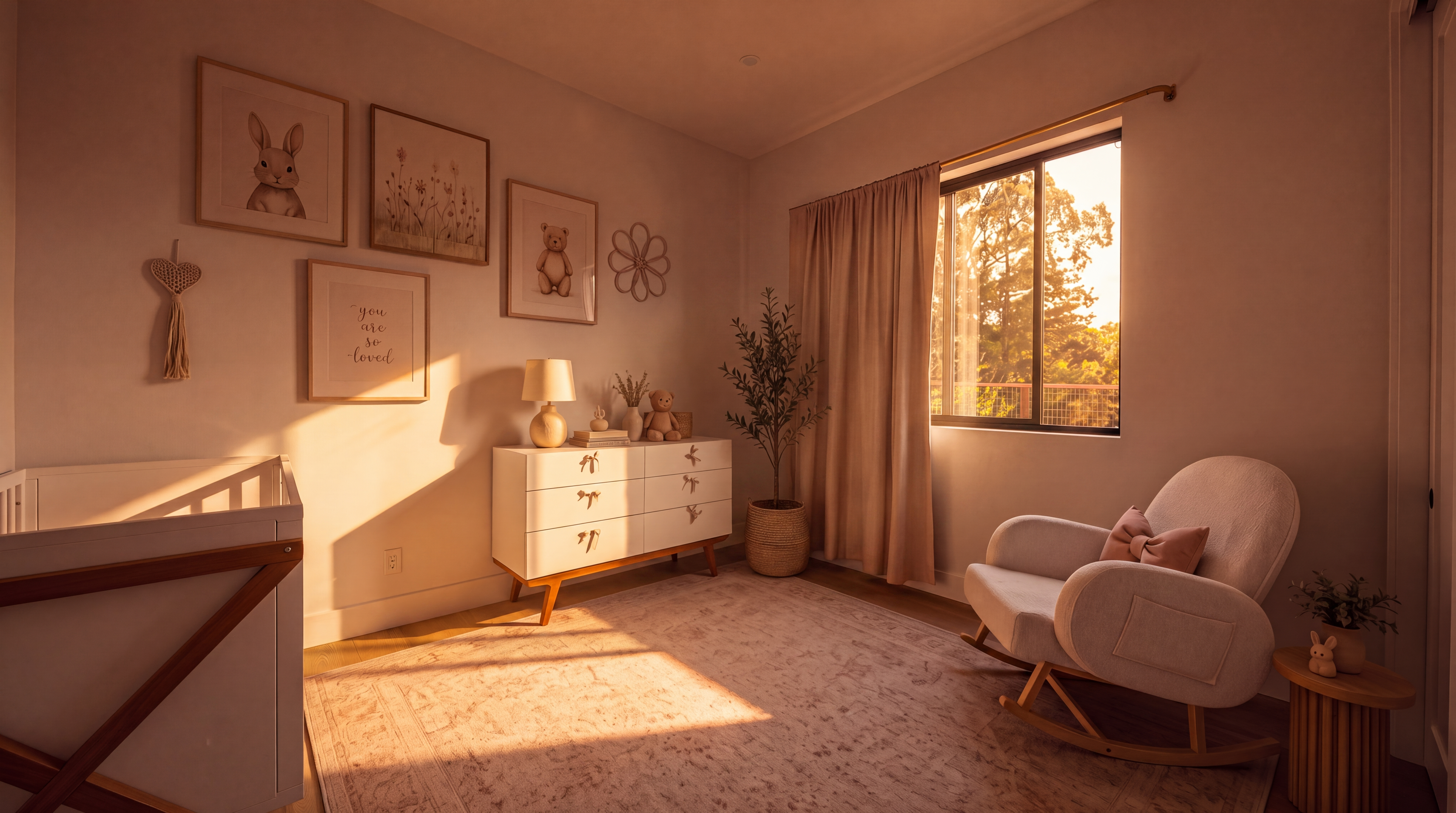 This charming nursery features a light, neutral color palette with warm wood accents and boho-inspired decor. The room is well-appointed with a white crib, a dresser with a lamp and teddy bear, a cozy rocking chair, and a soft area rug, creating a serene and welcoming space. Large windows and natural textures contribute to the bright, inviting atmosphere perfect for a nursery.